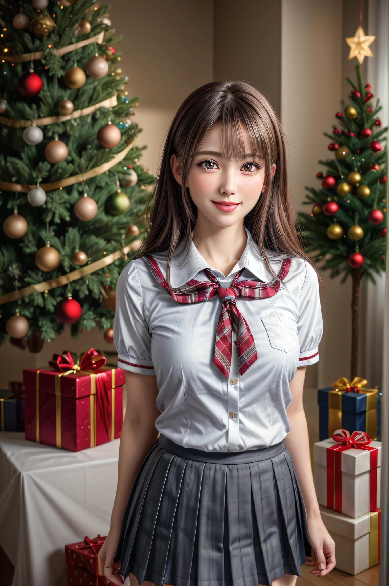 (2girls:1.4), Extremely cute, amazing face and eyes beautiful nice smile), (extremely detailed beautiful face), bright and shiny lips, (School uniform, Pleated skirt:1.3), (Best Quality:1.4), (hyper quality), (Ultra-detailed), (Hyper-realistic, Photorealsitic:1.37), Authentic skin texture, intricate-detail, extremely detailed CG unified 8k wallpaper, RAW Photos, professional photograpy, Cinematic lighting, Exposing, Christmas tree, Christmas Ornaments, Christmas Decorations, Christmas Lights, Christmas Lights,