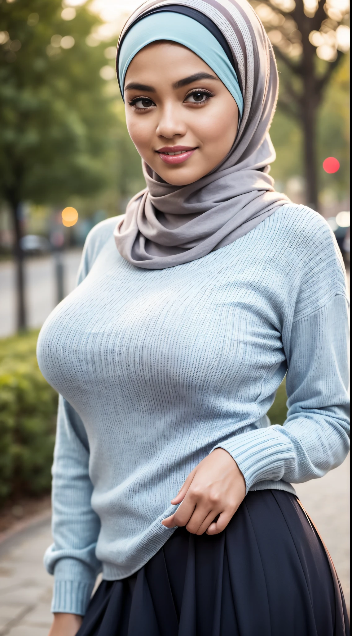 RAW, Best quality, high resolution, masterpiece: 1.3), Beautiful Malay woman in hijab, Masterpiece, perfect fit body, ((Big breasts)), beautiful big eyes, Soft smile,Muslim woman wearing striped top and long tulle skirt, striped sweater , wearing a striped shirt, stripes, stripes, hijab, wearing a casual sweater, striped shirt, white hijab, casual clothing style, modern casual clothing, wearing a cute top, beautiful image, she smiles, smooth turtleneck, necklace , hairband, evening walk, City park, Great lighting, Bright colors, Clean lines