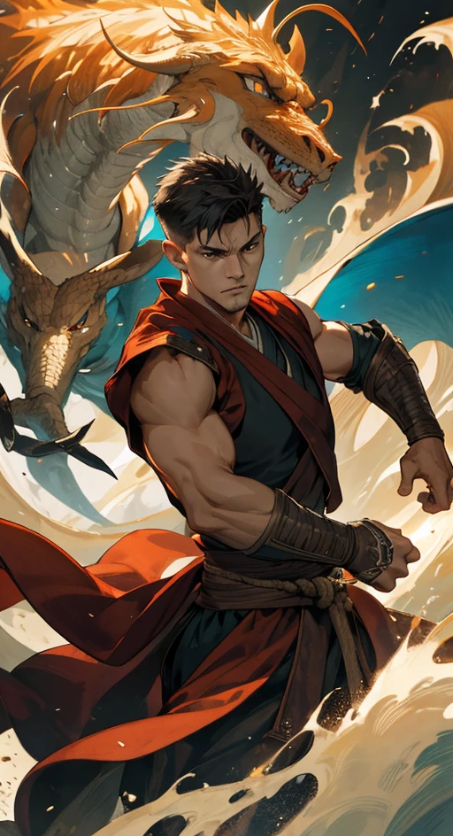 (absurdres, highres, ultra detailed), 1 male, mature, aged up, handsome, tall muscular guy, broad shoulders, very short hair, undercut, dark brown eyes, finely detailed eyes and detailed face, extremely detailed CG unity 8k wallpaper, intricate details, (style-swirlmagic:0.7), looking at viewer, solo, (full body:0.6), detailed background, detailed face, (european medieval fantasy theme:1.1), hair flowing in the wind, martial artist, dynamic pose, fighting stance, clenched fist, fingerless gloves, wristwraps, dragon themed clothes, monk robes, bamboo forest in background, swirling floating particles, dynamic composition, mystical eastern medieval atmosphere,