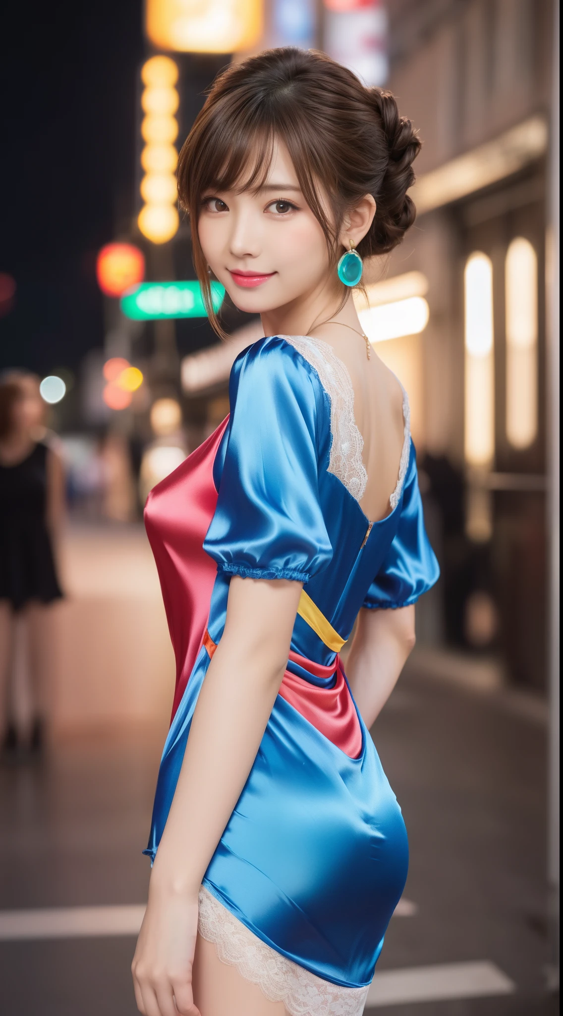8K, masutepiece, Raw photo, Best Quality, Photorealistic, Highly detailed CG Unity 8k wallpaper, depth of fields, Cinematic Light, Lens Flare, Ray tracing, (Extremely beautiful face, Beautiful lips, Beautiful eyes), intricate detail face, ((Ultra detailed skin)) 1girl in, In the Dark, deepshadow, Pretty Korean girl, Flashy makeup with red eyeshadow,her shortcut, Delicate light brown hair is slightly disheveled with side waves.,wearing large ring earrings,Kpop Idol, 1 girl, (Very slim and slender fit muscular body:1.3), ((Looking at Viewer)),(Big smile:1.3), (sleeve fashion city night, a dark night, (Neon sign), (Blurred background), Fashion Street Night),(No people in the background:1.3), Beautiful earrings, Bracelets, Necklace, pantyhose, Clear eyes, Walking, (pale skin), (big eye ace forward, ((upperbody shot)), ((super mini colorful color silk dress:1.3)),(Brown hairs),((tight fit lace dress)), (see through), (Looking at Viewer:1.3) opened breast, Very slim, medium breasts, backtrack,((Back shot)), see through, Medium Butt, Ultra mini skirt, updo hair, ((Spread thighs)),(Sexy pose with a little butt sticking out),
