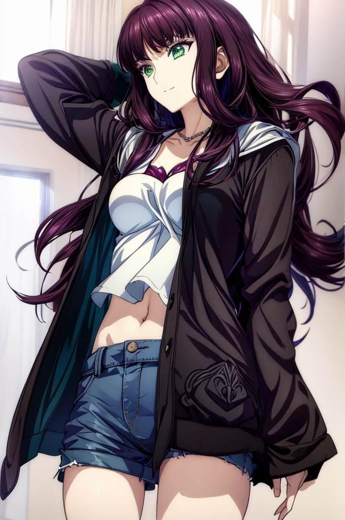 anime moe art style, girl wearing a hooded jacket, girl wearing a blouson,Anime Best Girl, (Anime Girl), Beautiful girl anime visual, Smooth Anime CG Art,anime portrait,beautiful anime high school girl,A seductive anime girl, anime visual of a young woman, Anime Best Girl, anime girl with long hair and green eyes,A seductive anime girl, nffsw,hiquality,Connect ticker and 8K, hight resolution,Very detailed CG, High quality shadows, Detail Beautiful delicate face, Detail Beautiful delicate eyes,BREAK(((Wallpapers with highly detailed 8K))),Makima (chain saw man),Sukasaha (Fate/grand order),Shimohira Reihua ,Hi-Res,Very delicate and beautiful CG illustration,top-quality,beautiful thigh,big breasts thin waist,masuter piece,(((masutepiece))), (((Best Quality))),8K,32K,​masterpiece,beautiful alluring anime woman,ultra-definition,ultra-detailliert,hight resolution,a hyperrealistic schoolgirl,masuter piece, Best Quality, High quality, High Definition, high quality texture, high quality shadow, high detailing,finely detail,A age girl,1girl in,High school students,Solo,Soio,Only one person,Alone,One Person,taki,Mature atmosphere,Leg length,neat and long legs,8 Head Body,stature:171cm,Mature girls,Reddish-purple hair,Reddish-purple hair,Purple hair,cassis colored hair,silky and smooth hair,Colorful hair,Straight hair,Smile,Cool Beauty,Beautuful Women,Neat face, Beautiful realism,Seductive look,Bewitching look,serene expressions,beautiful hairl,She wears a necklace around her neck,Necklace,bead necklace,magatama accessories,A slight smil,Colorful eyes,green colored eyes,Jade-colored eyes,beautidful eyes,Bright eye,Delicat eyes,Eyes Like Gems,Jade Eyes,Hanging eyes,(Green eyes:1.5),Seductive face,Watching the viewer,Model photo,simple background,Black hair, longeyelashes, lightsmile, Reddish-purple hair, cassis colored hair, Hairpin, lightsmile, Seductive smile, Jade-colored eyes, PUPILS SPARKLING, Hanging eyes, multicolored eyes, Anime style, Hyper-Realism, Realism, Anime, 8K, Super Detail, ccurate, Best Quality, Anatomically correct, ccurate, nffsw, hight resolution, Best Quality,JINS,jaket,denim pant,Shorts,white  shirt,Plain clothe,Watching the viewer,looking at the camera,