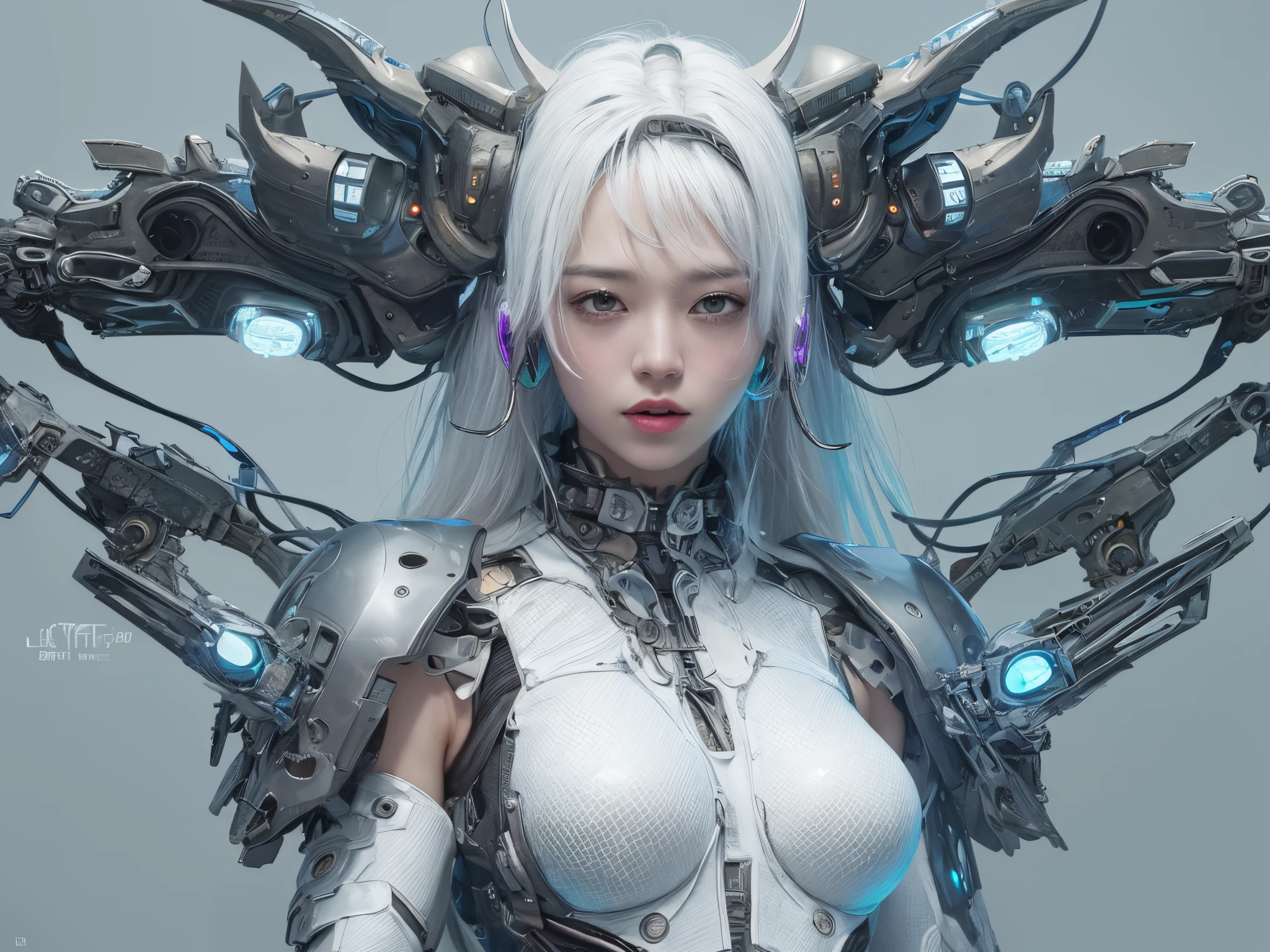 quality、tmasterpiece、超高分辨率、(真实感:1.4)、RAW photogr、Robot Angel、Large wings made of metal、White porcelain body、White hair、Glossy glossy skin、1 robot girl、Full body lesbian,((Ultra-realistic details))、porate、globalillumination、Black shades、octaneratingrendering、8K、Super sharp、Character edge light,Colossal tits、in original skin、Intricate ornament details、Sumerian detailed hydraulic cylinder、Small LED light、highly intricate detail、realistic raytraicing、a purple eye、Radiant in front of the camera、neon light detail、cow boy shooting、Futuristic headgear、floor plan about《cyber punk personage》、、