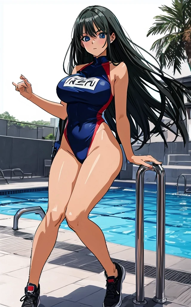 A beautiful woman with long black hair, big breasts, and beautiful legs is standing by the school pool in a red competitive swimsuit.。