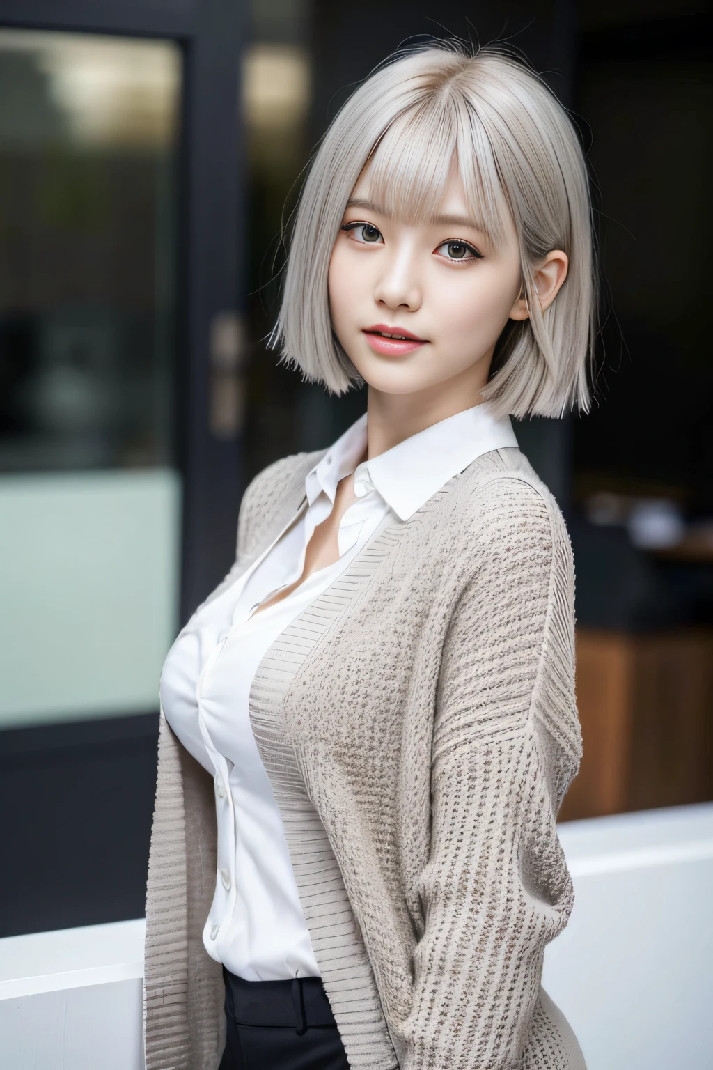 (Raw photo, Best Quality), (Realistic, Photorealsitic:1.3), masutepiece, extremely delicate and beautiful, Extremely detailed, nffsw, Unity , 2k wallpaper, amazing, finedetail, lightsmile, Highly detailed ticker Unity 8k wallpaper, hugefilesize, Ultra-detailed, hight resolution, absurderes, Soft light, (((Short hair:1.3), short length bangs, Silver hair, Floating Hair NovaFrogStyle)), Beautiful detailed girl, Detailed fingers, extremely detailed eye and face, beautiful detailed nose, Beautiful detailed eyes, long eyelashes, Light on the Face, view the viewer, (Closed mouth:1.2), 1girll, Cute, 年轻, Mature Face, (full body Esbian:1.3), (medium breasts), Realistic face, Realistic body, Beautiful detailed thighs, (Urzo-6500-V1.1:0.8), Business Suit, cross-laced clothes, Collared shirt, Open your clothes, in a office, Detailed Office, open cardigan, black thigh, Miniskirt, Black underwear, Unbuttoned shirt,