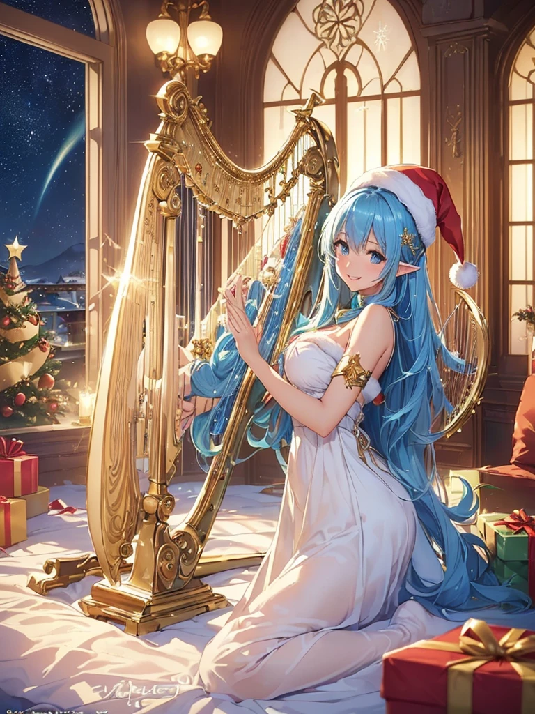 top-quality、Top image quality、masterpiece、frontage、Super beautiful fairy elf beauty((24 year old、Best Bust,beautiful blue long ironed hair、a blond、A slender、Esbian、santa hat、Santa Clothes、hiquality、Beautiful Art、window((starrysky))masutepiece、visualart、Room with fireplace、luxuries、happy birthday、Christmas Party、Christmas present🎵、Happy smile、Gentle light、nffsw、playing harp、beautiful harp,beautiful harp melody🎵