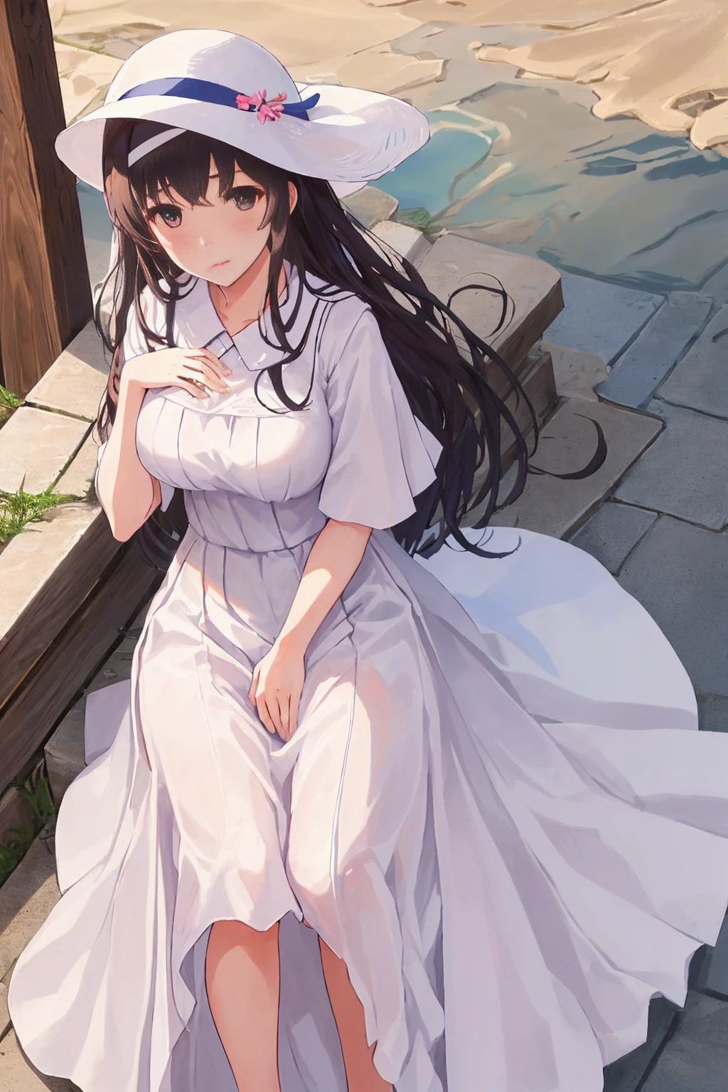 Best Quality, masutepiece,  Utah, 1girl in, Solo, Long hair,  shairband,  Bangs, White long skirt integrated dress，large size straw hat，In the street，Standing, blush, Long legs, white hairband, breasts, Please put your hand on my chest and pat my head