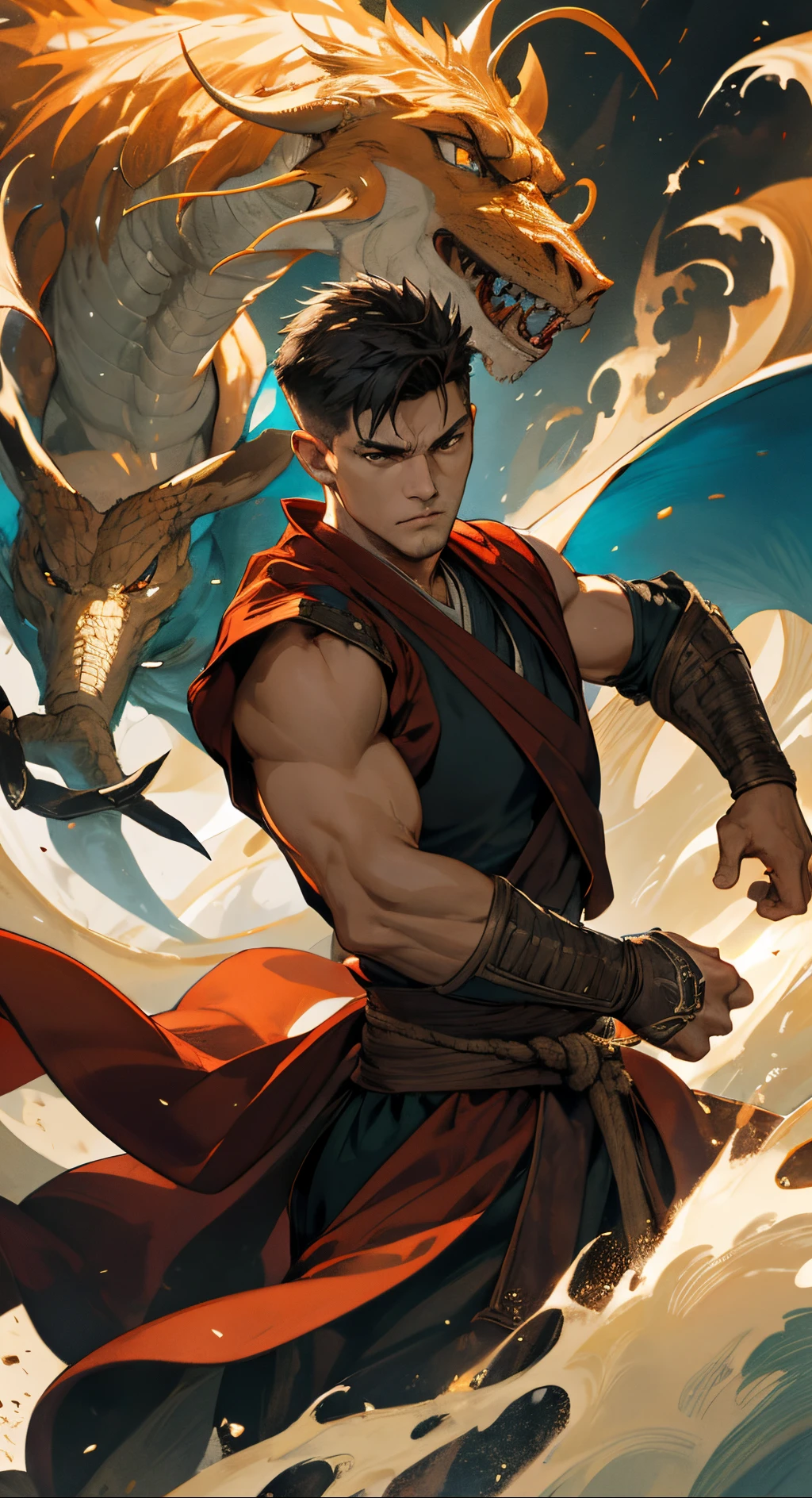 (absurdres, highres, ultra detailed), 1 male, mature, aged up, handsome, tall muscular guy, broad shoulders, very short hair, undercut, dark brown eyes, finely detailed eyes and detailed face, extremely detailed CG unity 8k wallpaper, intricate details, (style-swirlmagic:0.7), looking at viewer, solo, (full body:0.6), detailed background, detailed face, (european medieval fantasy theme:1.1),  hair flowing in the wind, martial artist, dynamic pose, fighting stance, clenched fist,  fingerless gloves, wristwraps,  dragon themed clothes, monk robes, bamboo forest in background, swirling floating particles,   dynamic composition, mystical eastern medieval atmosphere,