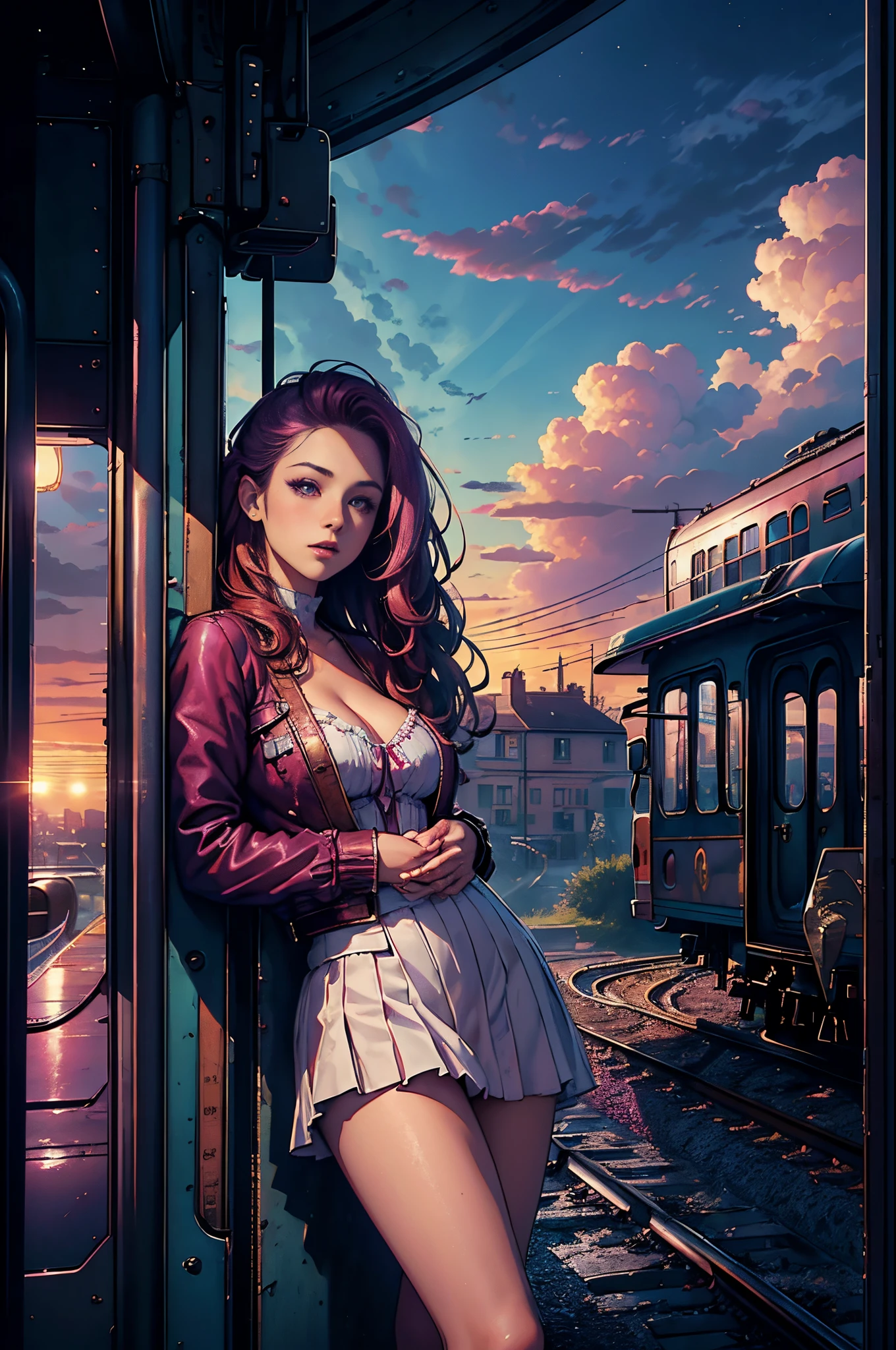 magenta tint、Vibrant colors、((tmasterpiece)))、(((quality)))、((ultra - detailed))、(Surreal)、(Very detailed CG illustration）、offcial art、CD cover、It will be、midsummer、The glorious 1980s、1个Giant Breast Girl，ssmile、Detailed face，cochetti gorgeous、incomparable beauty、Hair color、Rock music、jaqueta de couro、Superskirt、perfect angle、Perfectcomposition、(twilight，Train station，trains，Cloud)，