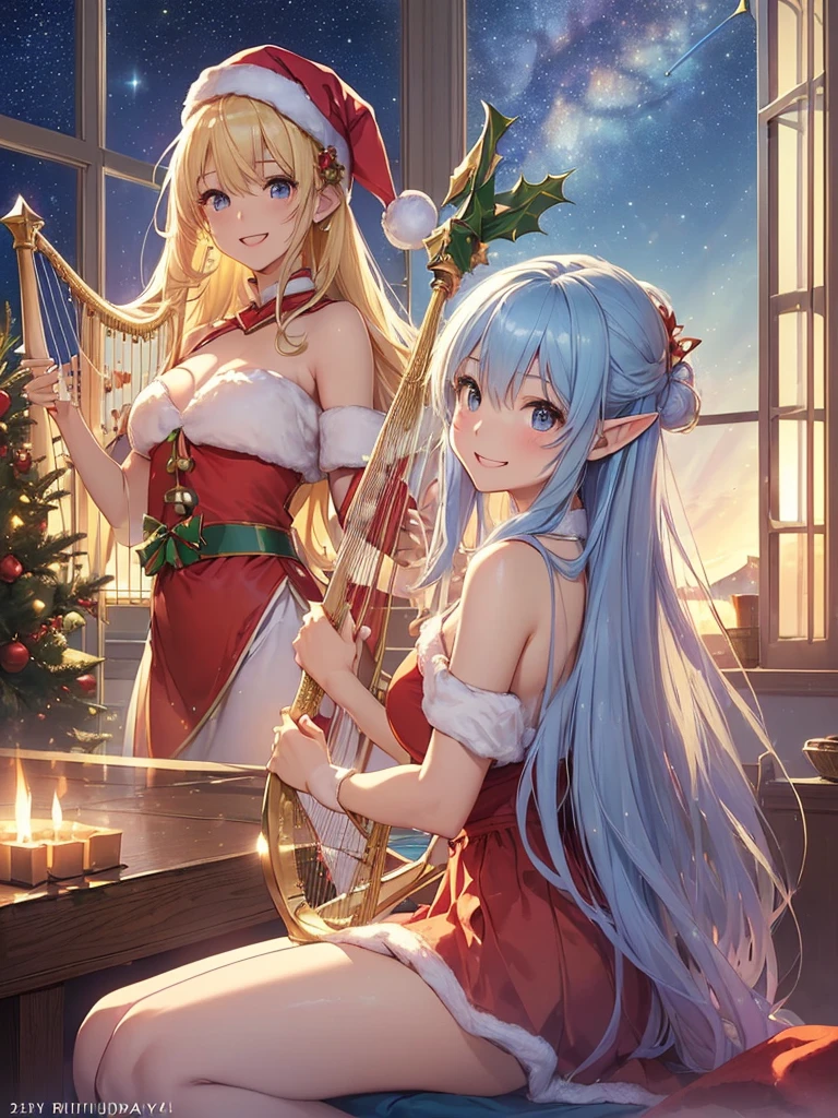 top-quality、Top image quality、​masterpiece、frontage、Super beautiful fairy elf beauty((24 year old、Best Bust,beautiful blue long ironed hair、a blond、A slender、Esbian、santa hat、Santa Clothes、hiquality、Beautiful Art、window((starrysky))masutepiece、visualart、Room with fireplace、luxuries、happy birthday、Christmas Party、Christmas present🎵、Happy smile、Gentle light、nffsw、playing harp、beautiful harp,beautiful harp melody🎵