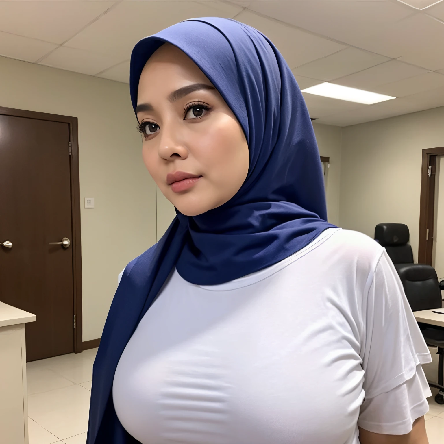 52 years Old, Hijab Indonesian mature woman, Big Tits : 96.9, T-Shirt, Breast about To burst out, at doctor office, High light, at Day Timr