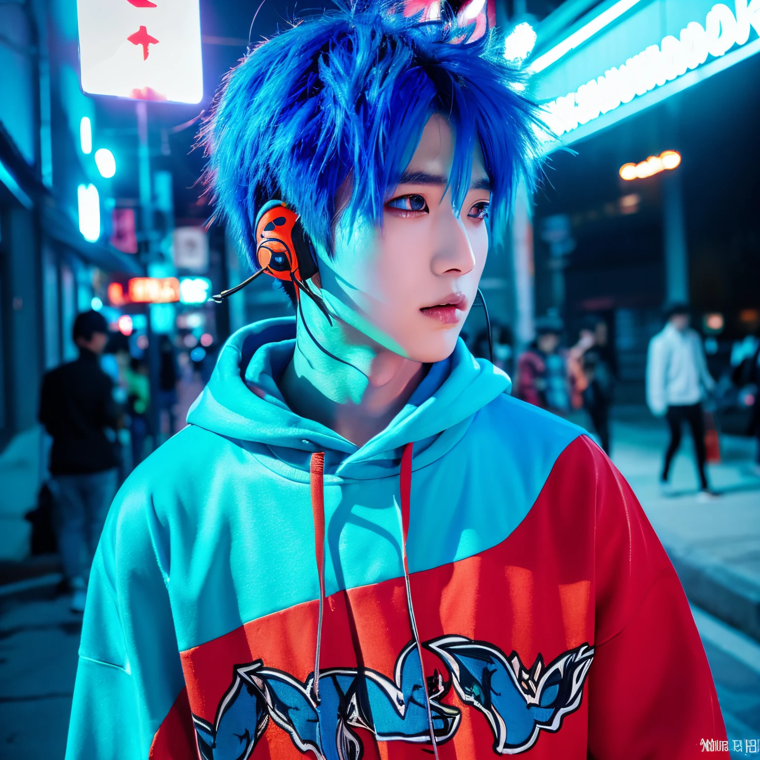 Blue-haired、Wolfhair、ember、Korean style men's makeup、Promotional photography style、light blue background、Wearing headphones over your shoulder、anime style illustration、Neon colored lighting、Street Fashion、Looks like a nightclub、Skinny、Piercing