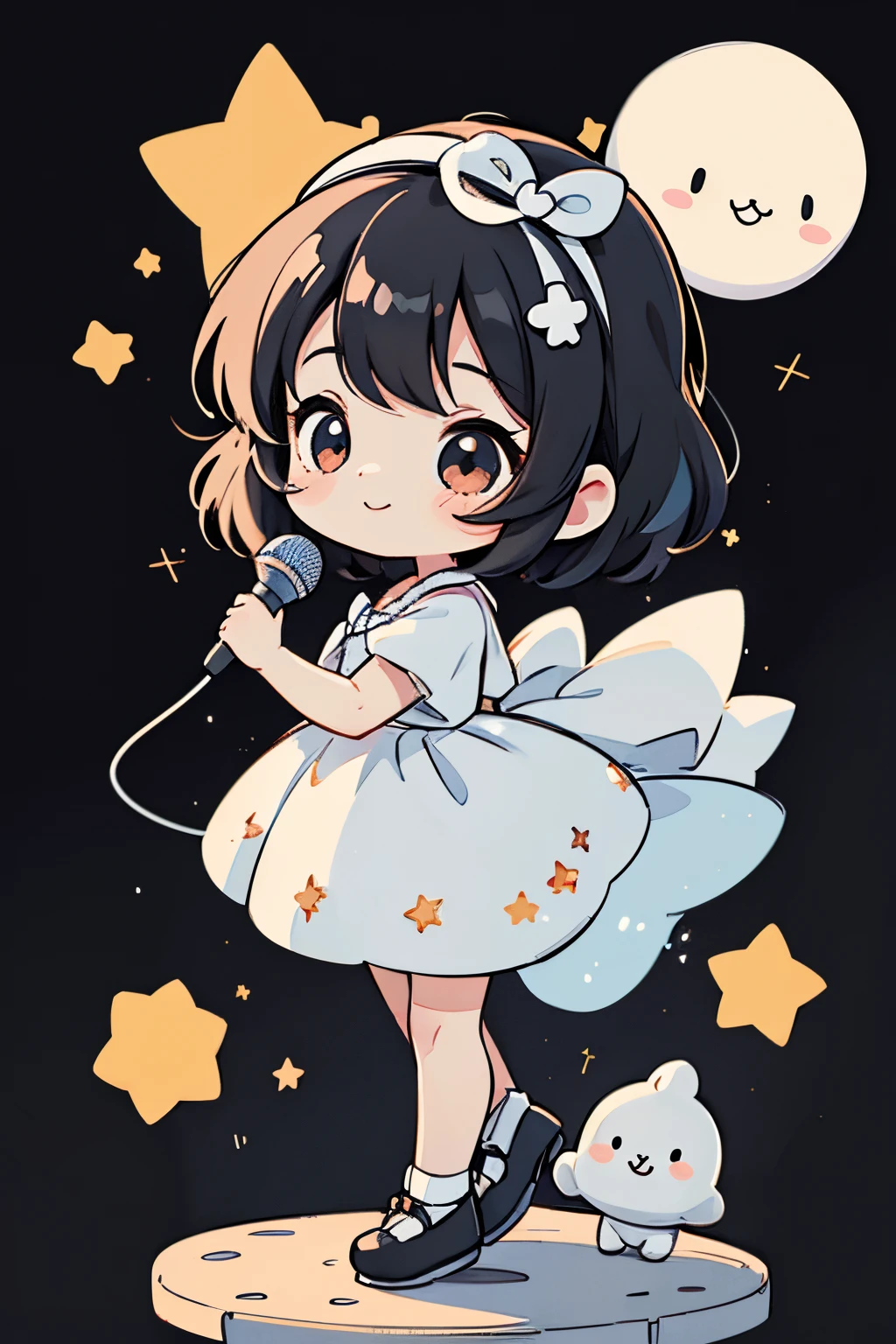 ((Monochrome Art、white and black))、 (Dynamic Pose), (starryskybackground:1.1）、Place one small doll on a circular stand、kawaii pose、A smile、A dark-haired、Chibi Doll、Stars in the eyes（kirakira）、Singing with microphone in hand、Eye Up、Laugh、Cute shoes、Ultra Detail, radiant light、bio luminescent、Stronger bokeh effect、Taken from the side