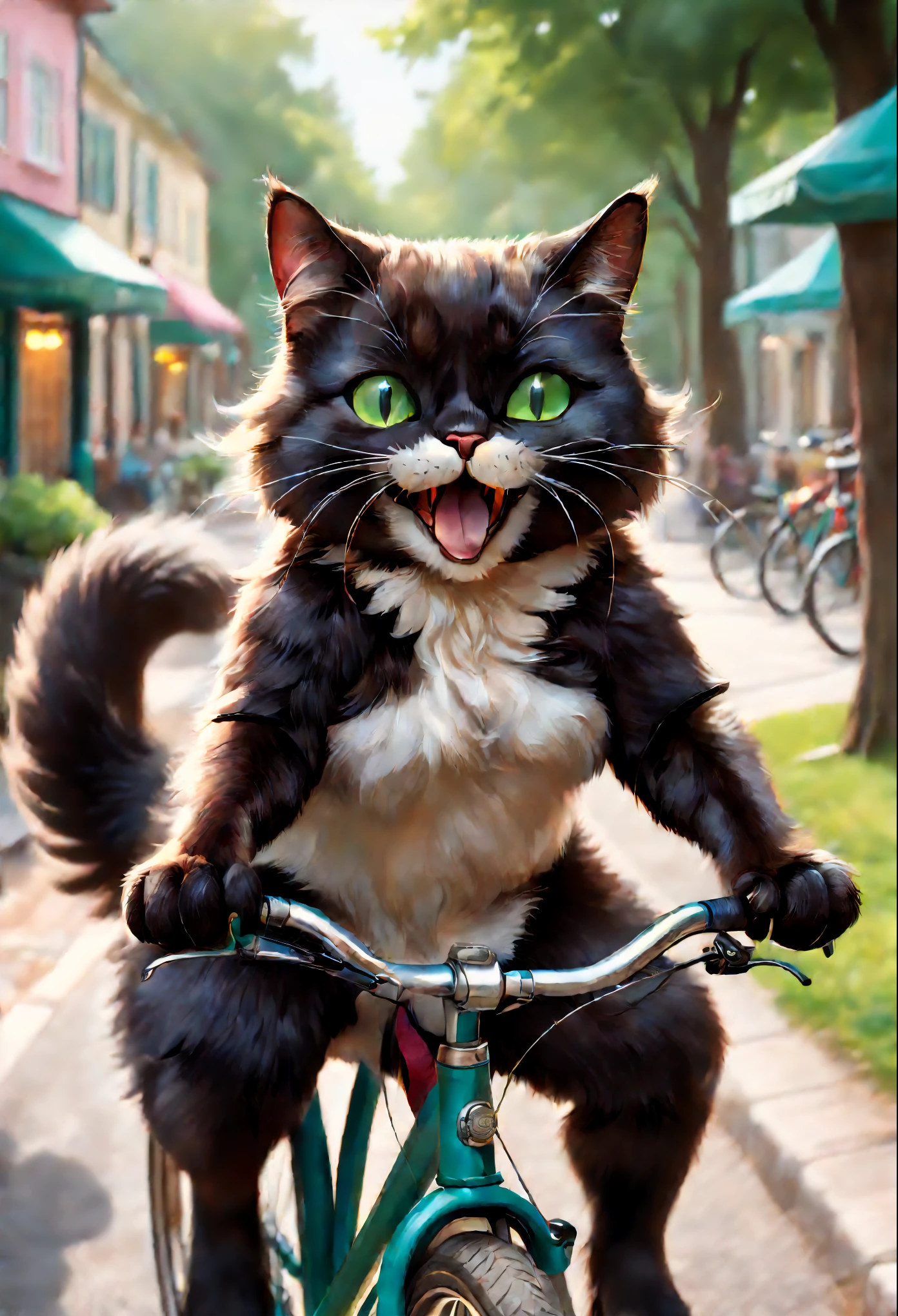 (best quality,4k,8k,highres,masterpiece:1.2),ultra-detailed,realistic,photorealistic:1.37,chubby black cat riding bicycle,illustration,adorable detailed face,fluffy fur,cute tail,round eyes,playful expression,(green-eyed,bright-eyed),happy expression,struggling to pedal,smiling cat,whiskers,furry paws,curly tail,tufted ears,soft lighting,artistic style,pastel colors,bright and vibrant background,happiness and joy vibe,summer afternoon atmosphere,lovely chubby cheeks,furry body,smiling mouth,whimsical art style,creative composition,comic-like illustration,playful interaction between cat and bicycle,imaginative scene,vibrant and colorful scenery,blurred movement effect on bicycle wheels.