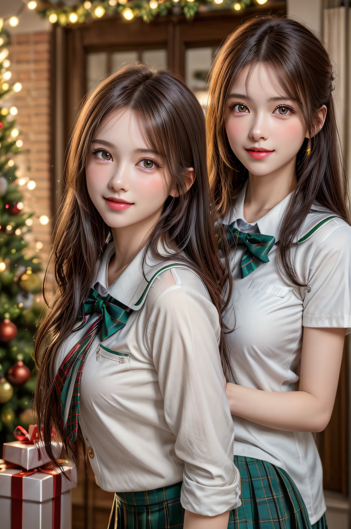 (2girls:1.4), Extremely cute, amazing face and eyes beautiful nice smile), (extremely detailed beautiful face), bright and shiny lips, (School uniform, Pleated skirt:1.3), (Best Quality:1.4), (hyper quality), (Ultra-detailed), (Hyper-realistic, Photorealsitic:1.37), Authentic skin texture, intricate-detail, extremely detailed CG unified 8k wallpaper, RAW Photos, professional photograpy, Cinematic lighting, Exposing, Christmas tree, Christmas Ornaments, Christmas Decorations, Christmas Lights, Christmas Lights,