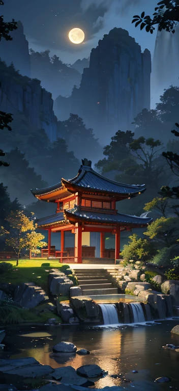 Ancient Chinese architecture, cool colors, dark night, moon, garden, bamboo, lake, stone bridge, rockery, arch, corner, tree, running water, landscape, outdoor, waterfall, grass, rock, dense fog, (Illustration: 1.0) , Epic Composition, HD Details, Masterpiece, Best Quality, (Very Detailed CG Unity 8k Wallpapers) --v 6