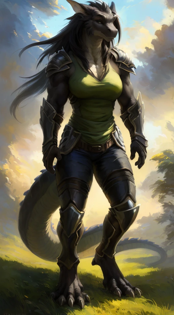Dragon girl, big chest, day, sexy, sensual, detailed, uploaded to e621, beautiful and detailed portrait of an powerful anthropomorphic dragon ((female))) kenket, ross tran, ruan jia, uploaded to e621, zaush, foxovh, scalie, silver scalie, movie lighting, standing, open legs, long hair, muscular, large breats, epic realism, Black skin, Large neckline, Full body, Detailed Feet, day, Light against the face, ambient light, Open field, plain, Armor,