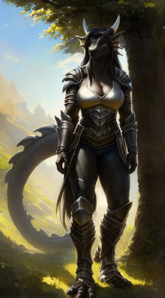 Dragon girl, big chest, day, sexy, sensual, detailed, uploaded to e621, beautiful and detailed portrait of an powerful anthropomorphic dragon ((female))) kenket, ross tran, ruan jia, uploaded to e621, zaush, foxovh, scalie, silver scalie, movie lighting, standing, open legs, long hair, muscular, large breats, epic realism, Black skin, Large neckline, Full body, Detailed Feet, day, Light against the face, ambient light, Open field, plain, Armor,