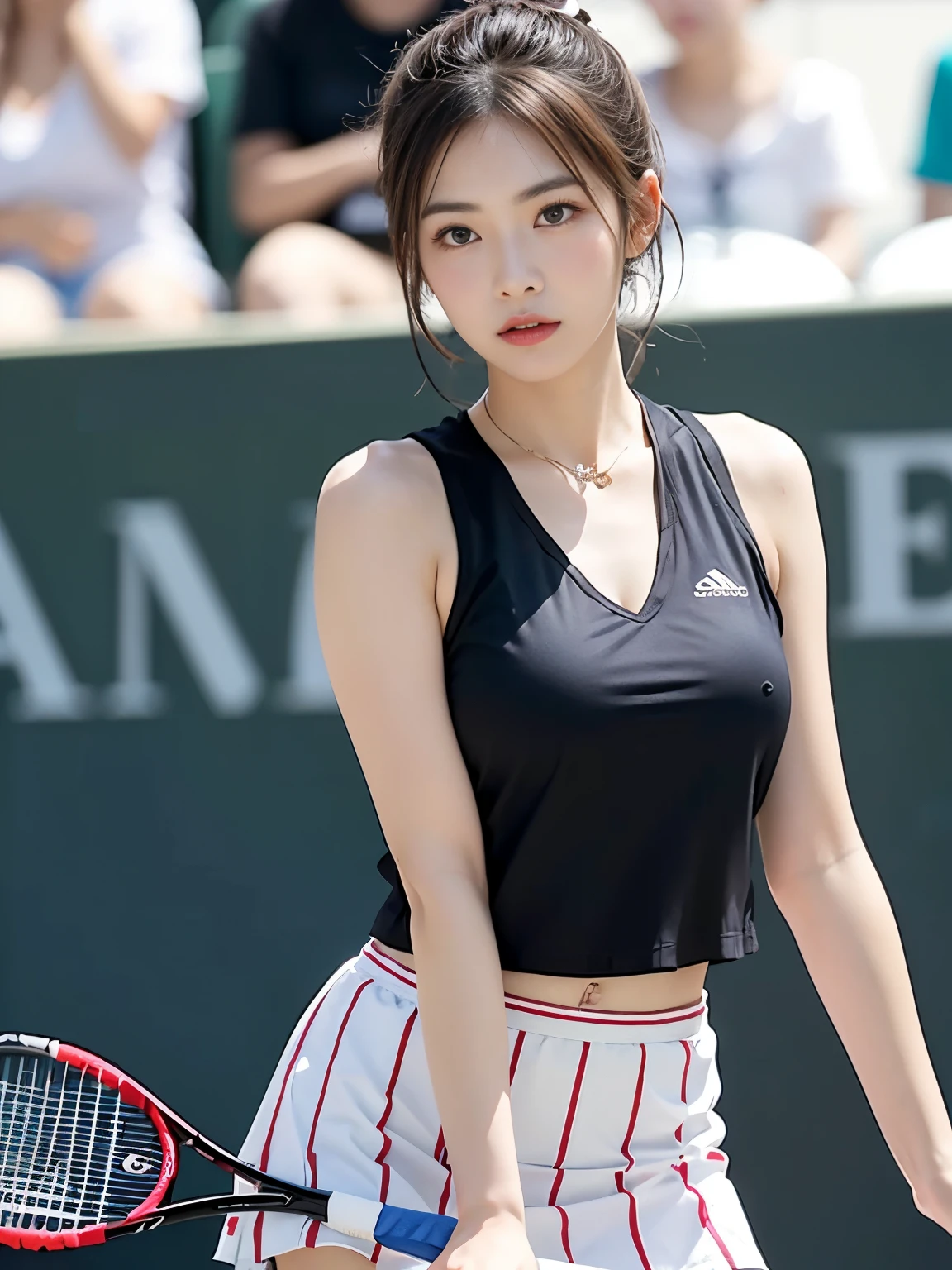 (8K, Raw photography, top-quality, masterpiece: 1.2), masterpiece, Super Detail, 超A high resolution, (Realistic and realistic photos: 1.37), high-definition RAW color photography, extremely delicate and beautiful, ighly detailed, astonishing, detaileds, extremely detailed eye, highlydetailed skin, extremely detailed fingers, highly detailed nose, highly detail mouth, perfect anatomia,1girl in, Blurry, Blurry background, Blurred foreground, blush, Colossal tits, depth of fields, eyebrows visible through hair, hair between eye,Short hair, Solo, Huge boobs、乃木坂アイドル、韓国アイドル、、20yr old、、hposing Gravure Idol、1girl in、Tennis Wear、Sleeveless、pleatedskirt、Ultra mini skirt、tennis coat、tennis