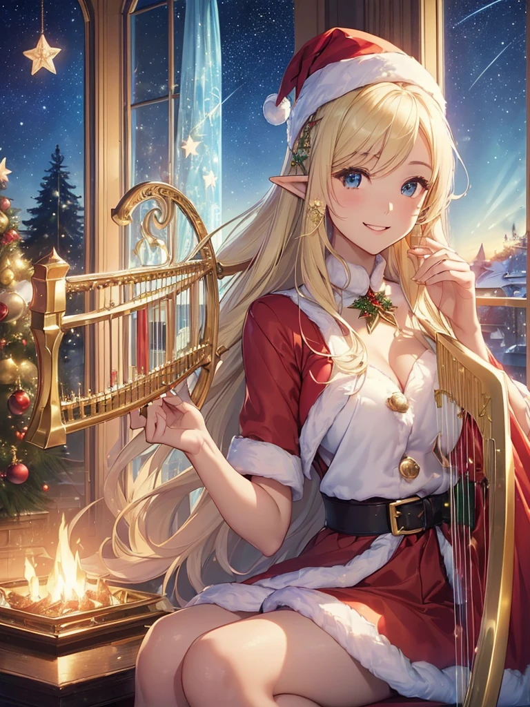 top-quality、Top image quality、masterpiece、frontage、Super beautiful fairy elf beauty((24 year old、Best Bust,beautiful blue long ironed hair、a blond、A slender、Esbian、santa hat、Santa Clothes、hiquality、Beautiful Art、window((starrysky))masutepiece、visualart、Room with fireplace、luxuries、happy birthday、Christmas Party、Christmas present🎵、Happy smile、Gentle light、nffsw、playing harp、beautiful harp,beautiful harp melody🎵