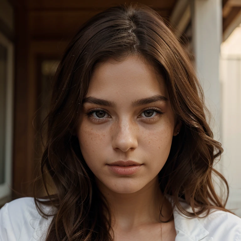photorealistic, realistic, bestquality, best quality, young woman with wavy brown hair, freckles, dark brown eyes, soft makeup