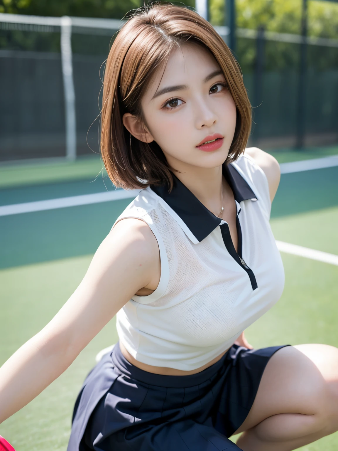 (8K, Raw photography, top-quality, masterpiece: 1.2), masterpiece, Super Detail, 超A high resolution, (Realistic and realistic photos: 1.37), high-definition RAW color photography, extremely delicate and beautiful, ighly detailed, astonishing, detaileds, extremely detailed eye, highlydetailed skin, extremely detailed fingers, highly detailed nose, highly detail mouth, perfect anatomia,1girl in, Blurry, Blurry background, Blurred foreground, blush, Colossal tits, depth of fields, eyebrows visible through hair, hair between eye,Short hair, Solo, Huge boobs、乃木坂アイドル、韓国アイドル、23 year old、hposing Gravure Idol、1girl in、Tennis Wear、Sleeveless、pleatedskirt、Ultra mini skirt、tennis coat、tennis,