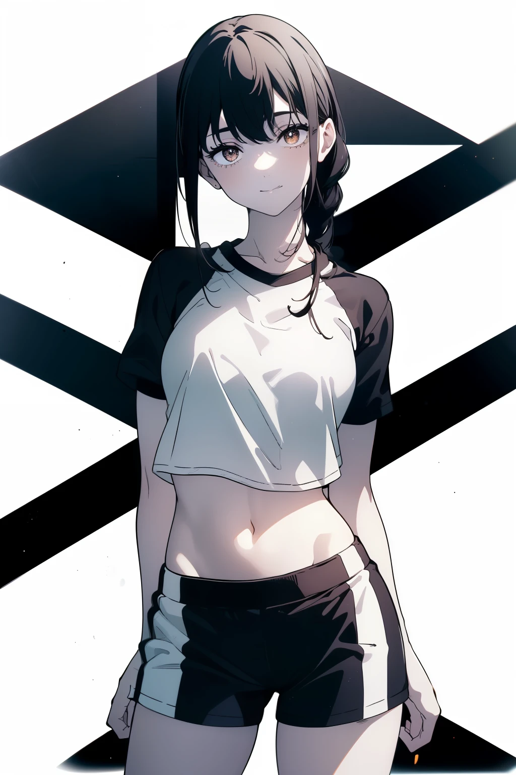 (absurdres, 8k, 4k, masterpiece, hyper extreme detailed:1.2), solo, front view portrait, best quality, portrait, solo, adult, cowboyshot, perfect anatomy, 1girl, perfect face, expressive eyes, perfect eyes, t-shirt, standing up, standing against wall, chabashira tenko, twintails, hair ribbon, hairband, choker, streetwear, graphic t-shirt, jacket, black shorts, hands on hips, large bust,