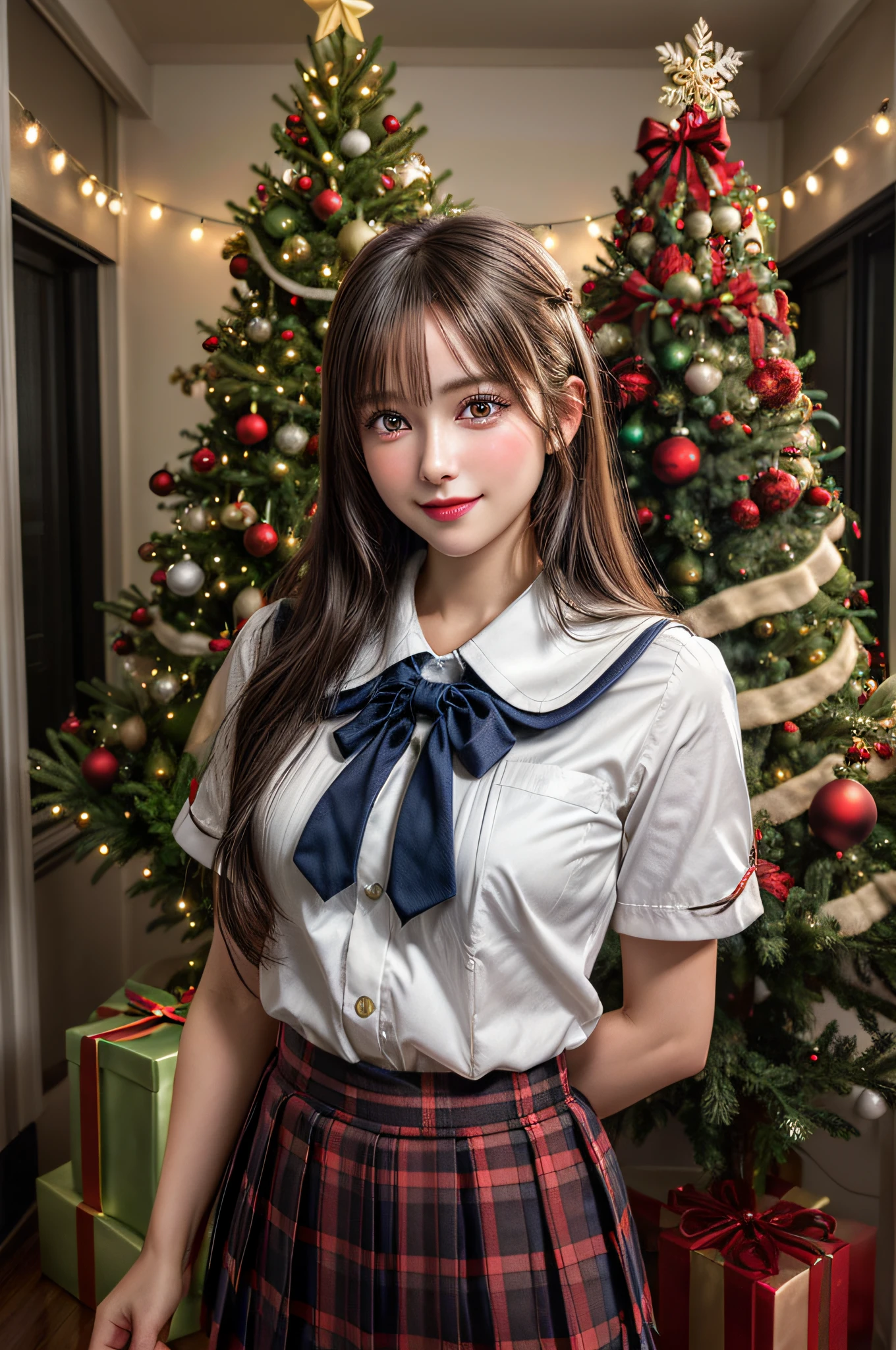 (2girls:1.4), Extremely cute, amazing face and eyes beautiful nice smile), (extremely detailed beautiful face), bright and shiny lips, (School uniform, Pleated skirt:1.3), (Best Quality:1.4), (hyper quality), (Ultra-detailed), (Hyper-realistic, Photorealsitic:1.37), Authentic skin texture, intricate-detail, extremely detailed CG unified 8k wallpaper, RAW Photos, professional photograpy, Cinematic lighting, Exposing, Christmas tree, Christmas Ornaments, Christmas Decorations, Christmas Lights, Christmas Lights,