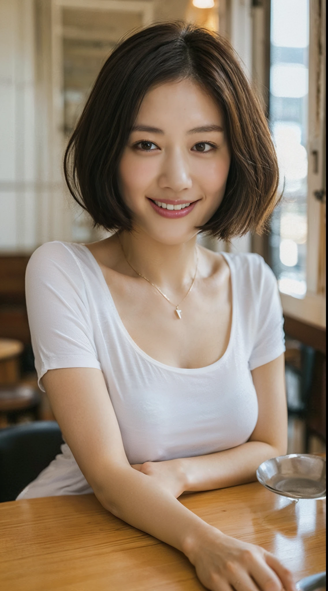 (top-quality、8K、32K、masterpiece、nffsw:1.2)、Photo of a cute Japanese woman、1gril、Black short hair、Colossal tits、(Detailed white loose t-shirt:1.2)、denim pant、a necklace、(Detailed blue lace bra:1.1)、(Slouched:1.8)、Look at viewers、POV、looking-down、Across the table、(Hands on the table:1.1)、A smile、in a cafe、The upper part of the body、all-fours、