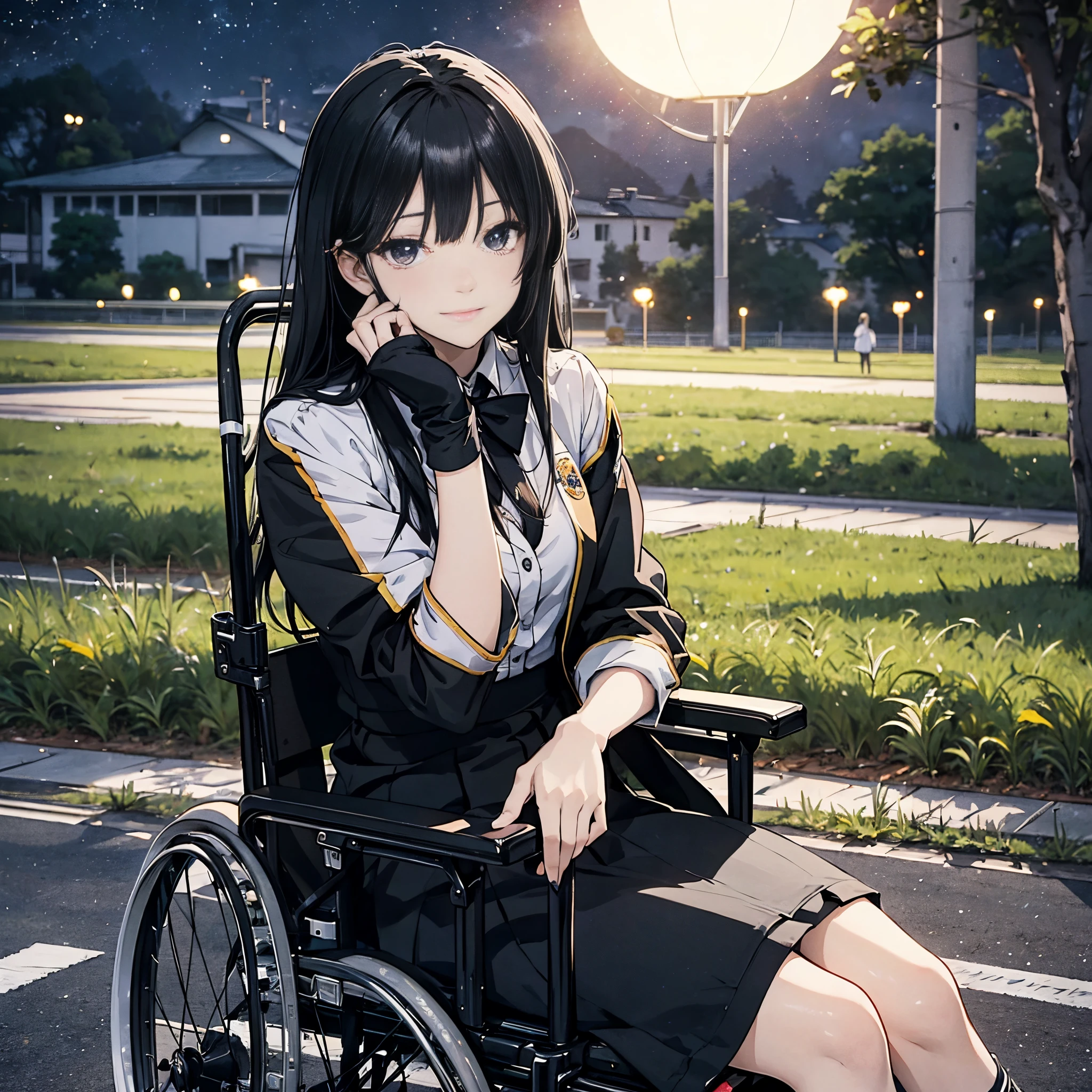 female with long black hair，A woman wearing a high school uniform sitting in a wheelchair（wheelchair 1.3）（Uniform 1.5）（Expression when planning something 1.5）（suspicious smile 1.6）（Black supporters 1 on both arms.5）（Background Night Field Hospital 1.5）（Full body display 1.5）（Girl 1.8）style of anime4 K，anime rendering，style of anime。in 8K，（Cinematic Lighting 1.5）（Master masterpieces：1.4）（Ultra High Definition1.5）（Best quality1.5）