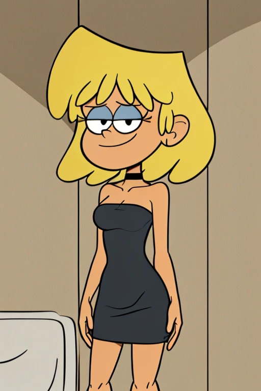 masterpiece, best quality, cartoon style, 2D illustration, solo, 1 girl, loriloud, lori loud, highres, blonde hair, black eyes, bare neck, bare shoulders, little black dress, strapless dress, bangs, small choker, smile, seductive, detailed, soft lighting, in bedroom, standing up.