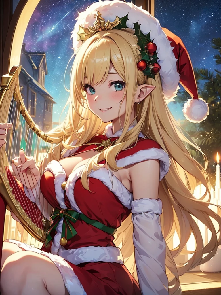 top-quality、Top image quality、masterpiece、frontage、Super beautiful fairy elf beauty((24 year old、Best Bust,beautiful blonde long ironed hair、a blond、A slender、Esbian、santa hat、Santa Clothes、hiquality、Beautiful Art、window((starrysky))masutepiece、visualart、luxuries、happy birthday、Christmas Party、Christmas present🎵、Happy smile、Gentle light、nffsw、playing harp、beautiful harp,beautiful harp melody🎵
