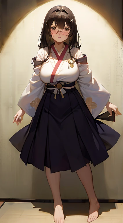 Stema Peace、hanekawa tsubasa、attack of glasses、A dark-haired、large boob、 (Black hair, Brown eyes, Round face), (nose blush, half opened eye),, [Full body shot]、eye glass、Head-to-toe shots、A dark-haired、wearing kimonos、The neck and hem are exposed、