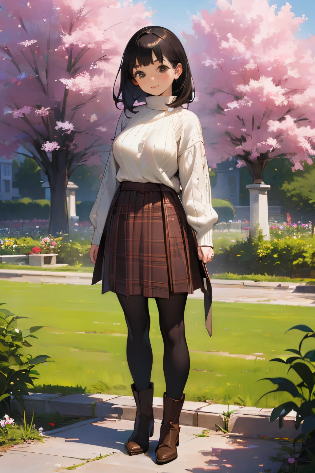 (High quality, High resolution, Ultra-detailed, Realistic:1.37), peaceful ambiance, (plein air, garden), Teenage girl standing alone, (My breasts are big.), Beautiful detailed features, Cute smile, (Black bob hair), Ribbed sweater, Red plaid skirt, Black tights, Brown boots.