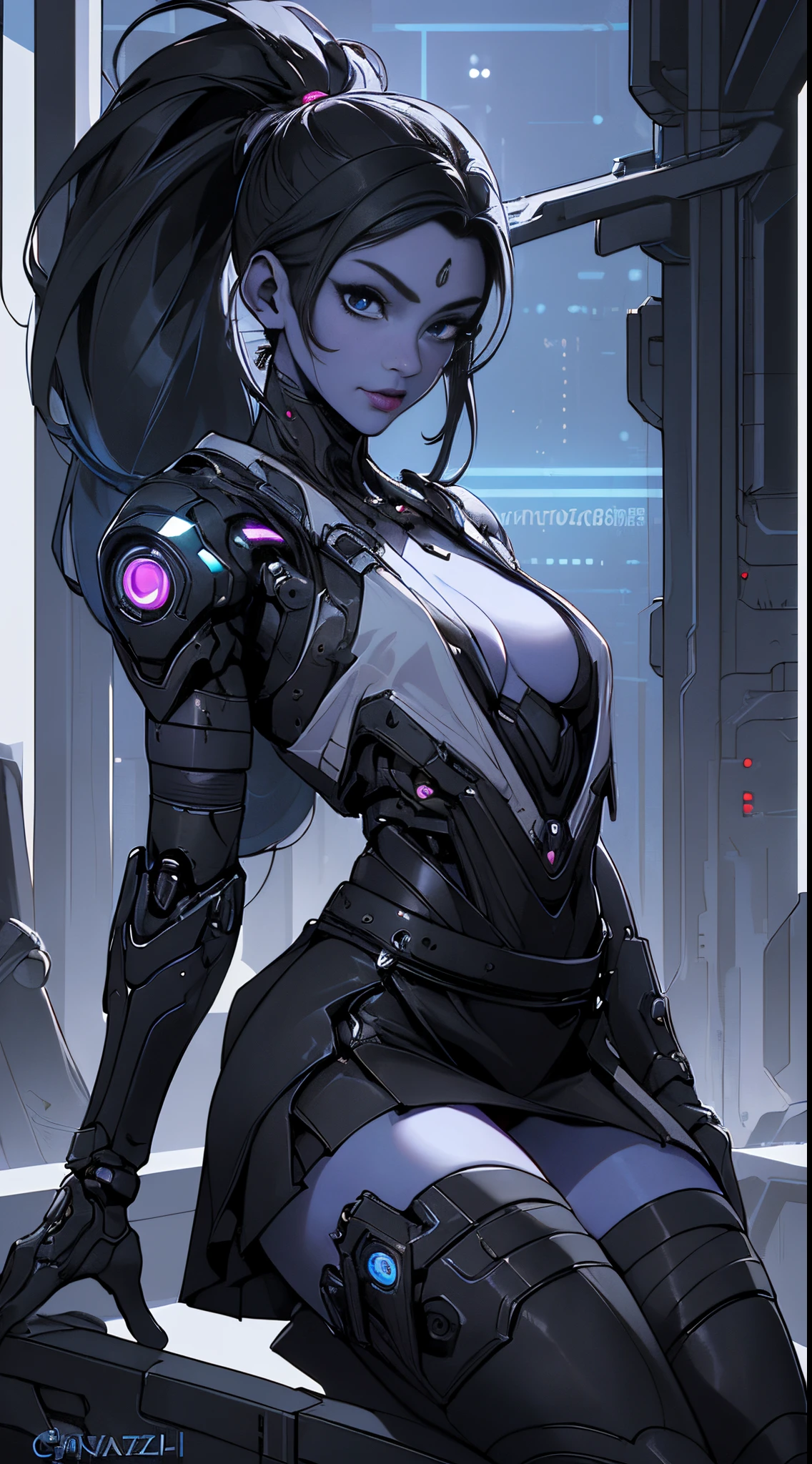 Ariana Grande cyborg, Cibersamurái, desnudo, Cabello largo, ojos azules, cabello negro, pechos grandes, escote, muslos anchos, Science-Fiction, ciborg:1.4, cyberpunk,( fondo negro brilla: 1.25),More detailed 8K.motor irreal:1.4,UHD,La mejor calidad:1.4, fotorrealista:1.4, textura de la piel:1.4, obra maestra:1.8,obra-prima, mejor calidad,objeto Objeto], (detailed face features:1.3),(Ojos sutiles y hermosos :1.1),(Perfect anatomy),lingerie sexy pink,(Cybersamurai white:1.4),(fondo ciudad Tokio cyberpunkAI colors:1.4) ,(convexo Dedos detallados), (  cyborg),(Pieza maestra:1.2), (mejor calidad:1.2),(Pieza maestra:1.2), (mejor calidad:1.2),(miniskirt ciborg:1.4), (panties ciborg)