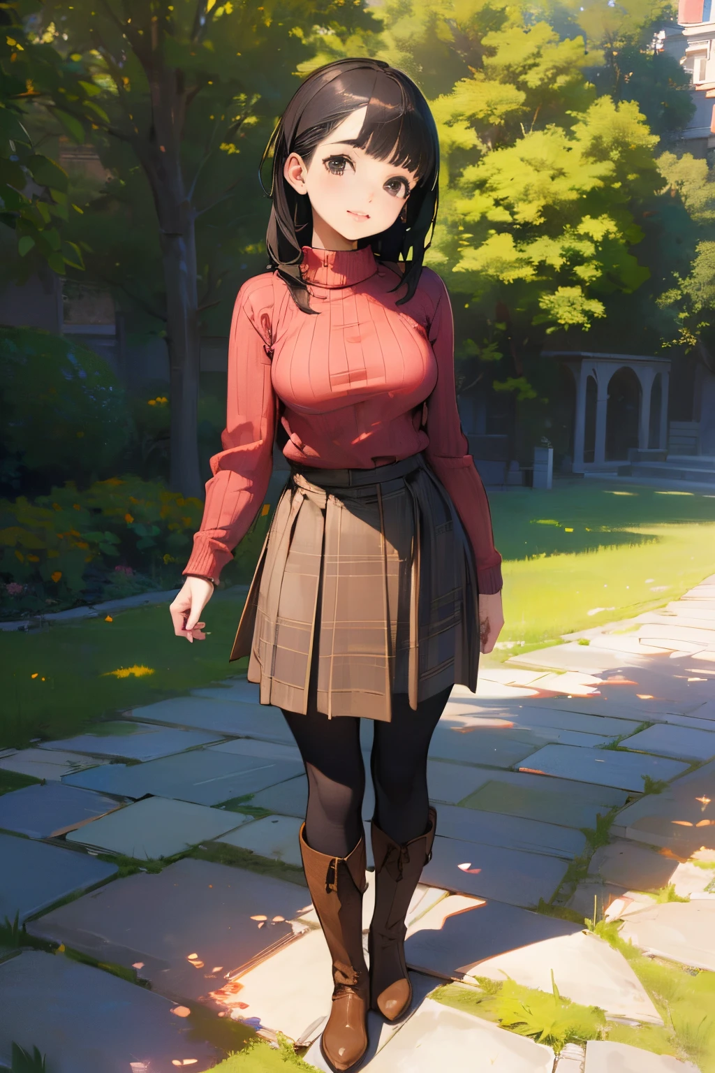 (High quality, High resolution, Ultra-detailed, Realistic:1.37), peaceful ambiance, (plein air, garden), Teenage girl standing alone, (My breasts are big.), Beautiful detailed features, Cute smile, (Black bob hair), Ribbed sweater, Red plaid skirt, Black tights, Brown boots.
