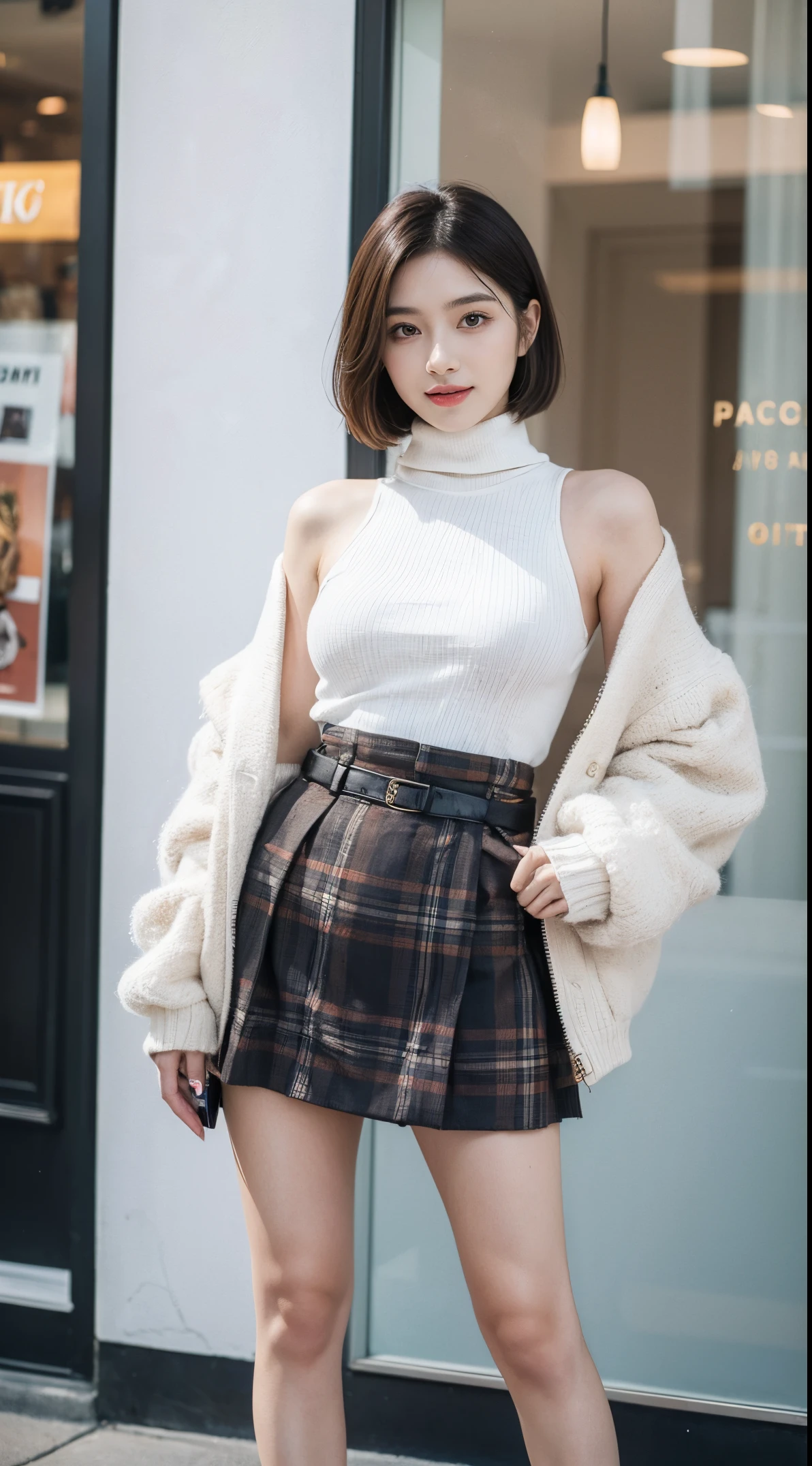 Beautiful girl standing in front of a store in a shopping mall,
(A hyper-realistic,hight resolution, ighly detailed:1.2), (8K), (beatiful detailed eyes, A detailed face:1.2), (top-quality), (ultra-detailliert), (( masutepiece)),Best Quality,Very detailed,
Beautiful woman standing wearing a dark red plaid single-breasted blazer ,BREAK, White turtleneck sweater,BREAK,
Blue Belted High Waist Flare Jumper Skirt,BREAK,
Black Medium Bob, Beautiful meticulous eyes, Cute face, Bust, Big Bossom, Beautiful meticulous face, Seductive smile,
25 years old, mature appearance, Realistic drawing art , 
1womanl, (full body Esbian:1.2),(Head to bust image scope),