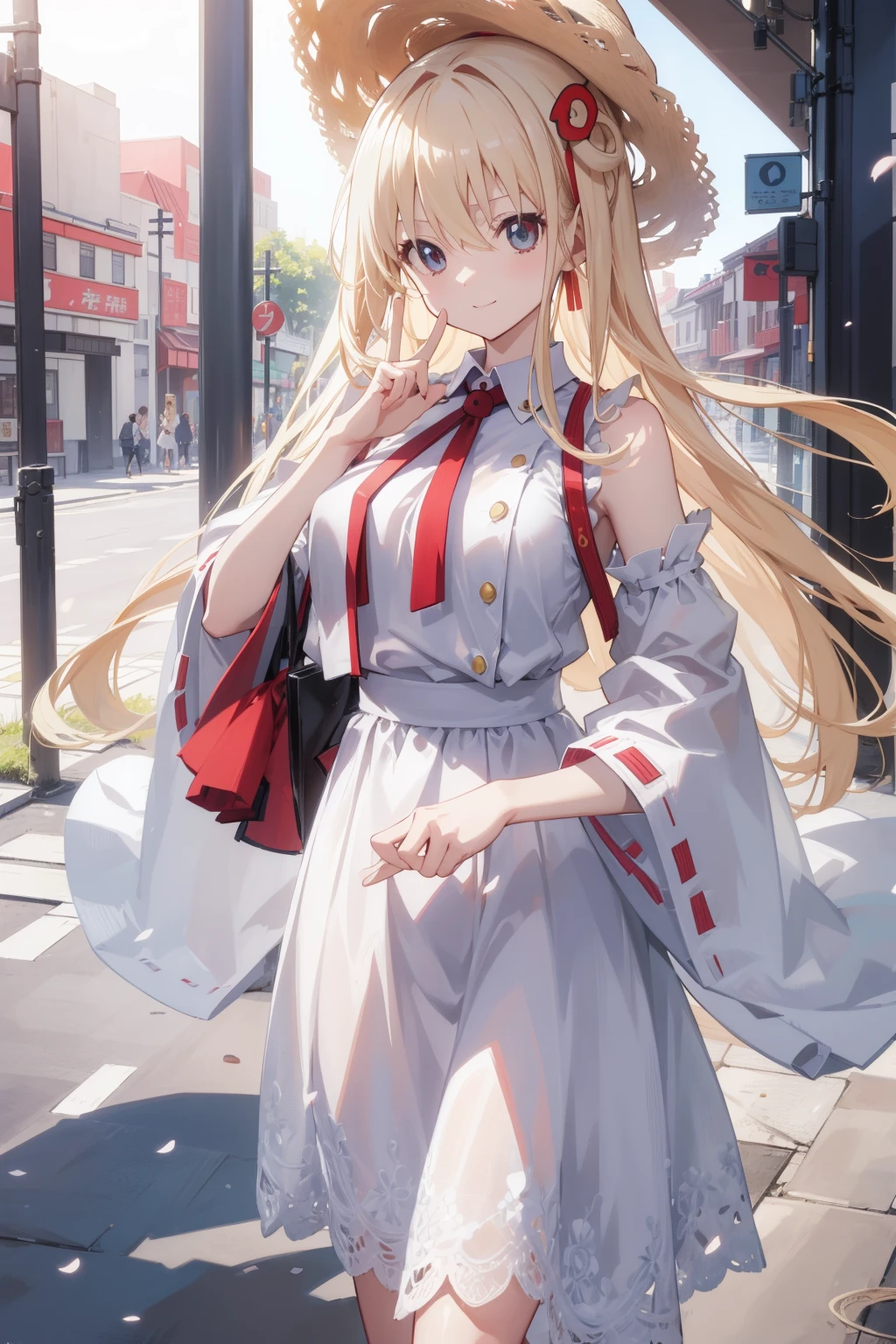 Chisatoniki、Nishikigichisato、Long、bangs blonde、(Akame:1.5)、、Single-sided up、Take a break and watch、BREAK(​masterpiece:1.2)、top-quality、hight resolution、Unified 8K wallpapers、(illustratio:0.8)、(beatiful detailed eyes:1.6)、extra detailed face、Perfect litthing、extremely details CG、(perfect hand、perfect anatomia)、White long skirt integrated dress，large size straw hat，a smile，In the street