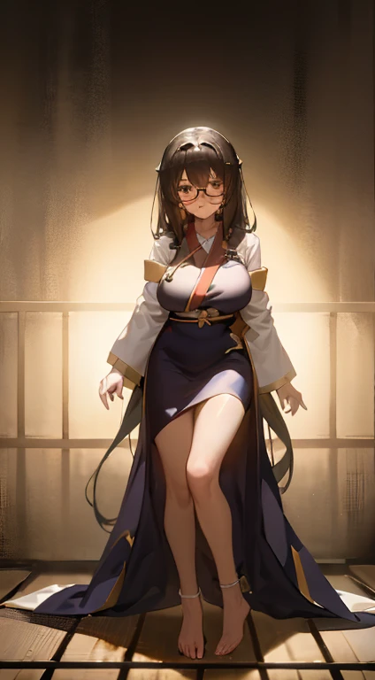 Stema Peace、hanekawa tsubasa、attack of glasses、A dark-haired、large boob、 (Black hair, Brown eyes, Round face), (nose blush, half opened eye),, [Full body shot]、eye glass、Head-to-toe shots、A dark-haired、wearing kimonos、The neck and hem are exposed、