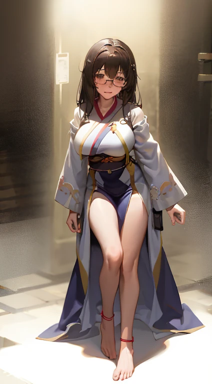 Stema Peace、hanekawa tsubasa、attack of glasses、A dark-haired、large boob、 (Black hair, Brown eyes, Round face), (nose blush, half opened eye),, [Full body shot]、eye glass、Head-to-toe shots、A dark-haired、wearing kimonos、The neck and hem are exposed、