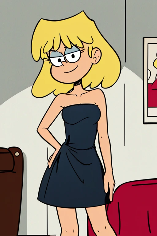masterpiece, best quality, cartoon style, 2D illustration, solo, 1 girl, loriloud, lori loud, highres, blonde hair, black eyes, bare neck, bare shoulders, white-skinned female,  little black dress, strapless dress, bangs, small choker, smile, seductive, detailed, soft lighting, in bedroom, standing up.