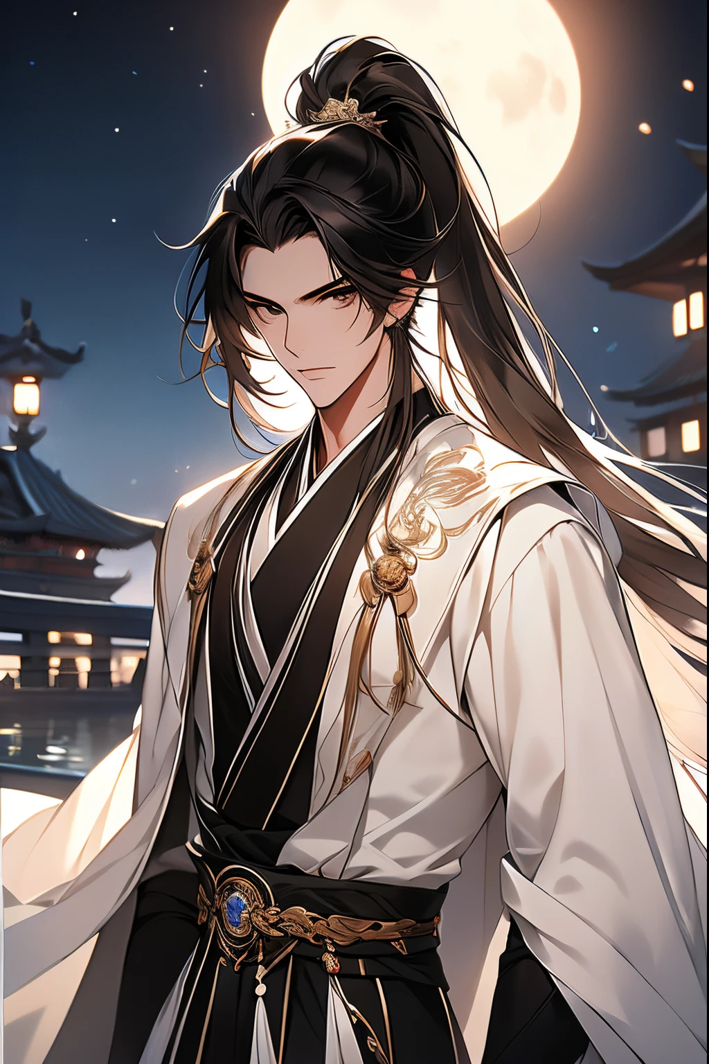 (Best quality,A high resolution,The image is clear，Garden scene，:1.2),A boy with，the only person，Ultra detailed backgrounds,Beautiful teenager standing holding sword，Chinese-style clothes，high ponytails，natta，Garden scene,under moonlight,starrysky，Blue and White Clothes，Asian architecture，Romantic atmosphere,，Dutch Angle Shot,gentlesoftlighting,portrait of upper body，Noble prince，Eye focus，a sharp gaze，