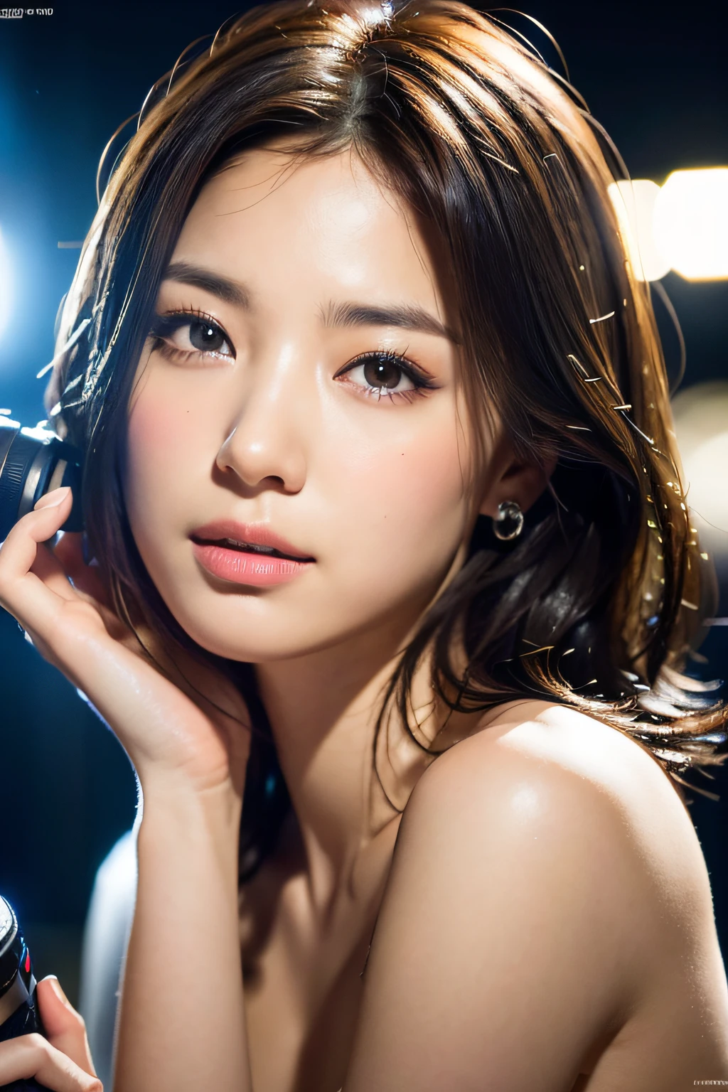 A girl holding a camera, mix4,(8k, RAW photo, best quality, masterpiece:1.2), (realistic, photo-realistic:1.37),1girl,cute,cityscape, night, rain, wet, professional lighting, photon mapping, radiosity, Physically-based rendering, gradient brunette hair, short curly hair, handsome, girly, white ball set, superb picture quality, high resolution, 1080p, (clear face), (detailed face description), (detailed hand description), (masterpiece), (exquisite CG), extreme light and shadow, messy hair, masterpiece, rich detail, (exquisite facial features), (highest image quality), (masterpiece), (detailed eyes), look forward to your eyes, delicate collarbone