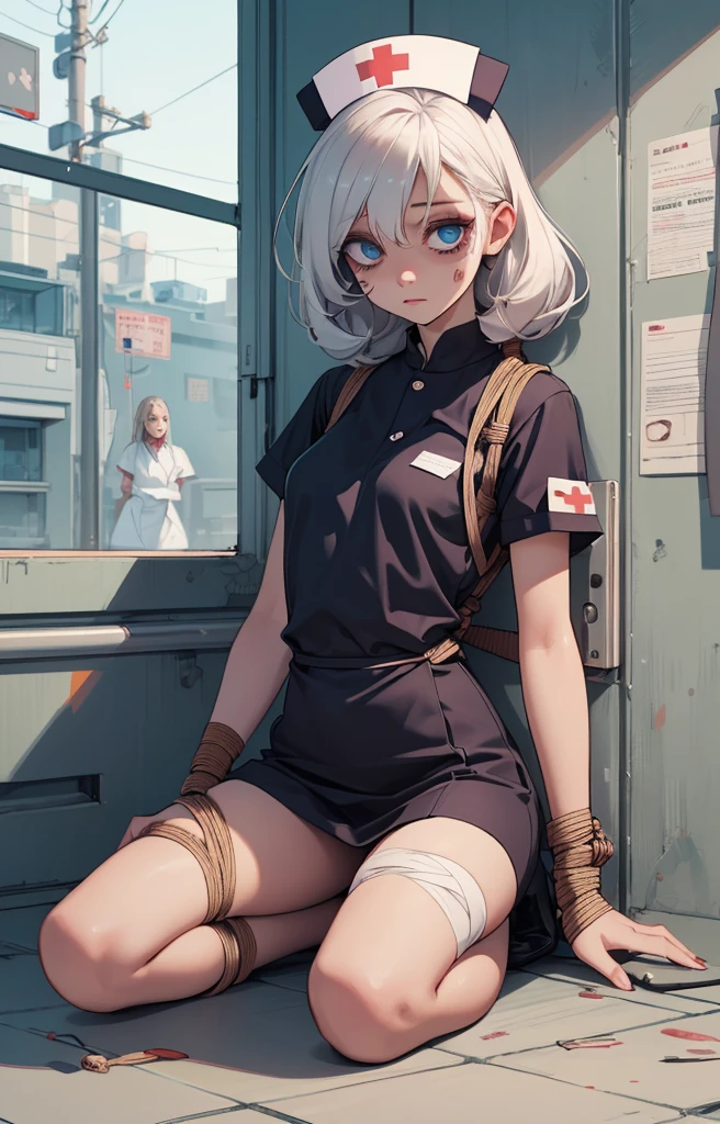 (Detailed illustrations,Very detailed and detailed drawing,Delicate lines with slow and rapid,Realistic texture expression),[Color tressed main line],Inorganic concrete room[Night Hospital],(Japan adult female[28 year old](Zombie Nurse))Hair put together [SKINNY((Small breasts))][pale skin](sickly look),([bandaged]Bondage Fashion),[[Return blood]],(Fine and beautiful skin expression [Transparency]),[完璧な目のdetaileds (Iris beautifully drawn in every detail)[Jewel-like eyes]],[long and beautiful eyelashes],[Meticulously drawn hair],(完璧な手のdetaileds [Beautiful fingers without breakdowns [Beautiful nails]]),(Perfect Anatomy(Perfectly proportioned))[[Full body like]],[Ideal color coordination(Accurate simulation of light-material interactions)],([Precision Detail](detaileds,high-detail)),[[Pale and gentle colors]][Visual art that conveys a sense of narrative] [[Eros in the Natural Body]].