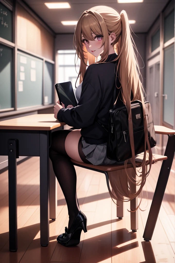 anime, beautiful face, highly detailed face, detailed perfect eyes, perfect hair, perfect lips, accurate arms, accurate hands, perfect legs, accurate footware. highly detailed background, perfect lighting, full body, 2legs only, 1girl, solo, ruby hoshino, ruby, oshi no ko, in a classroom, in school, heels, blonde hair, thighhighs, stockings, absurdres, high res, ultrasharp, 8K, masterpiece, looking at viewer, (sexy pose:1.4), (full body:1.5), horny face, teasing face, school outfit, school uniform, skirt, beautiful panties, cleavage, sitting down, body face away from viewer, looking back over her shoulder, view from behind, ass view, reverse cowgirl position, riding position.