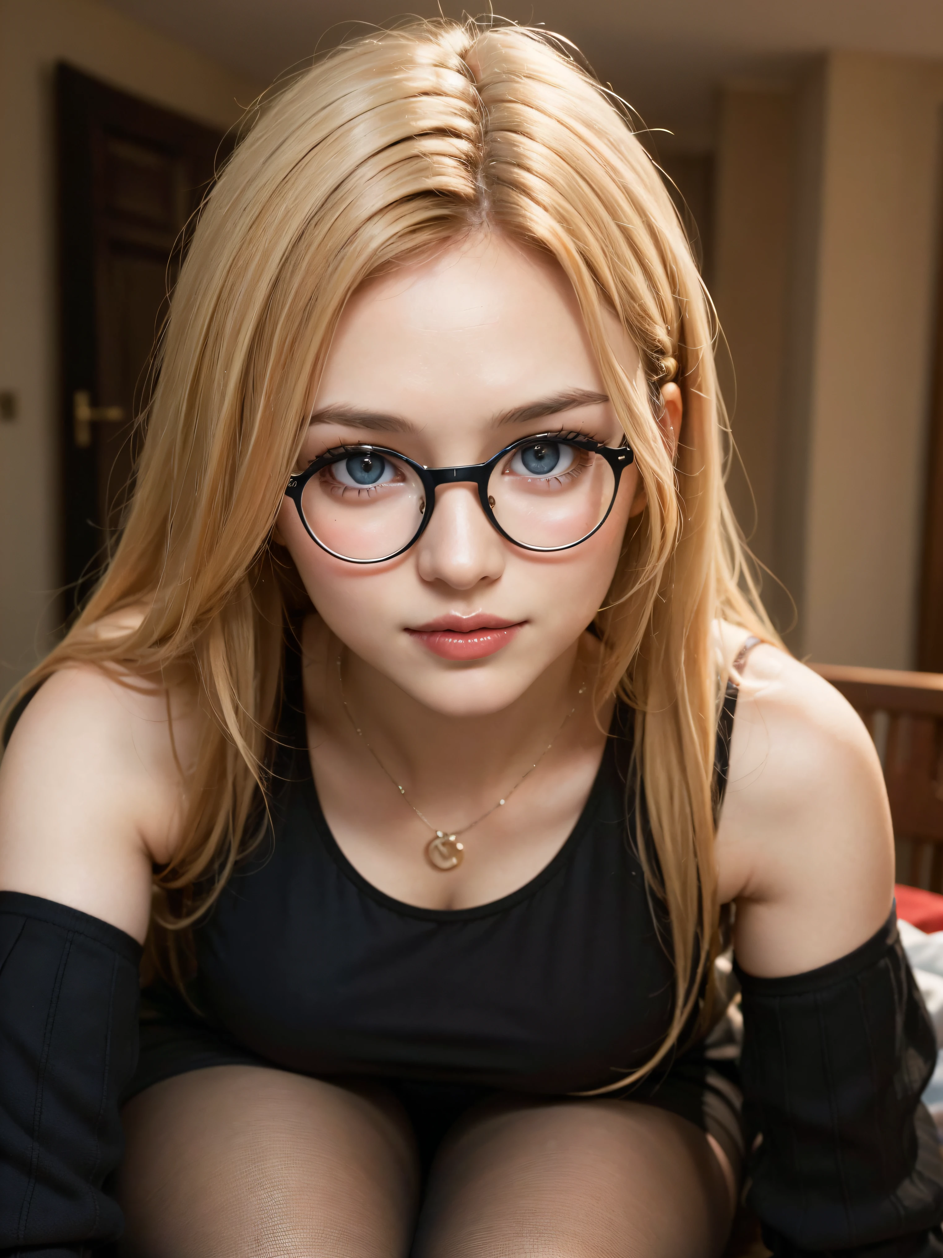 (top-quality、超A high resolution、​masterpiece:1.3), masterpiece, Detailed moisturized eyes, Textured skin, Best Quality, Illustration, Ultra-detailed, finely detail, high resolution, 8K, Wallpaper, Perfect dynamic composition, Beautiful detailed eyes, Natural Lip,  Big breasts, cleavage, Random sexy poses, blonde hair. grey-blue eyes, (large round black rimmed glasses), young looking high school girl, tight mini black dress, black pantyhose