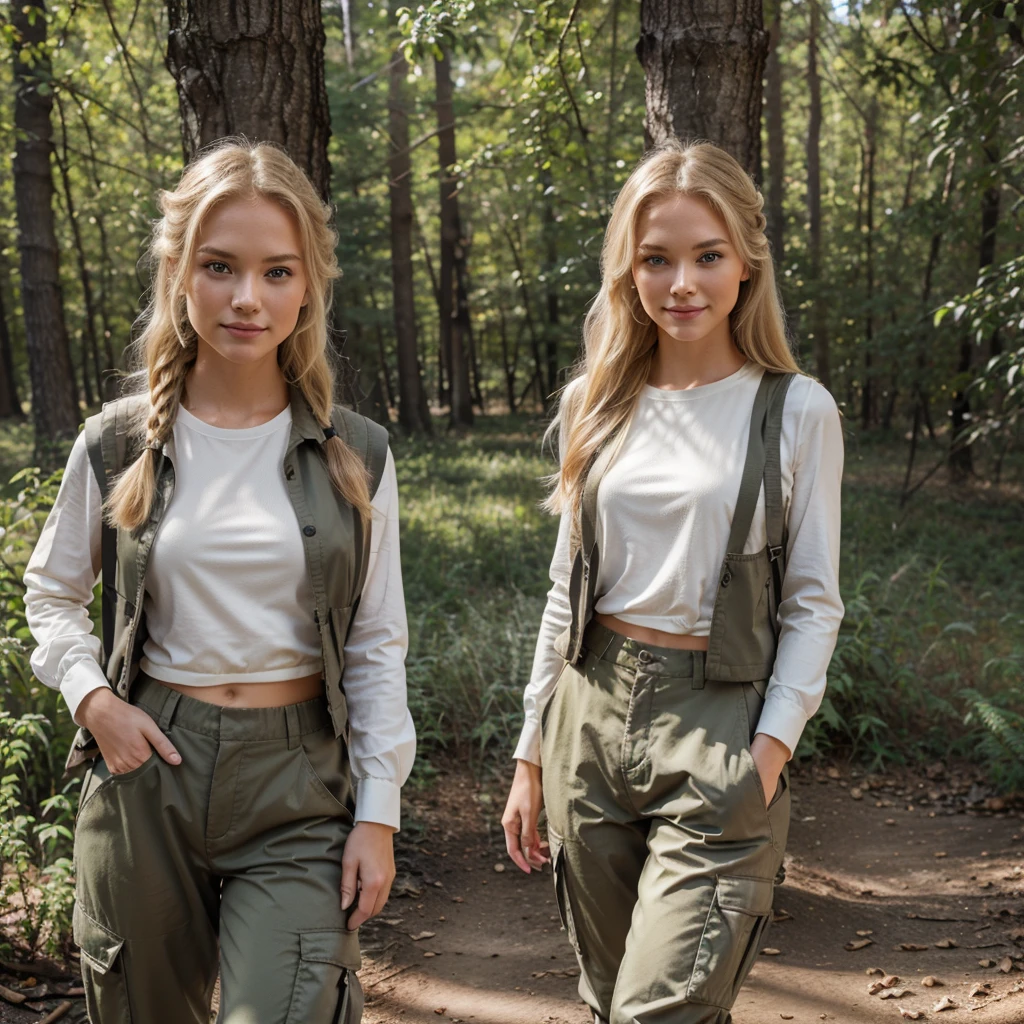 Nikon Z 85mm, Beautiful, one Petite 20-year-old elegant high-class supermodel, ((blond hair)), Bright gray eyes, ((High detailed skin, Skin Details)), Sharp Focus, 8K UHD, Digital SLR, High quality masterpiece, gorgeous russian face, smiling, photo realistic, wearing khaki hiking long sleeve shirt, vest and long outdoor cargo pants. Beautiful hairstyle tied on the back. Elegantly modestly standing by a tree in forest. Warm tone atmosphere