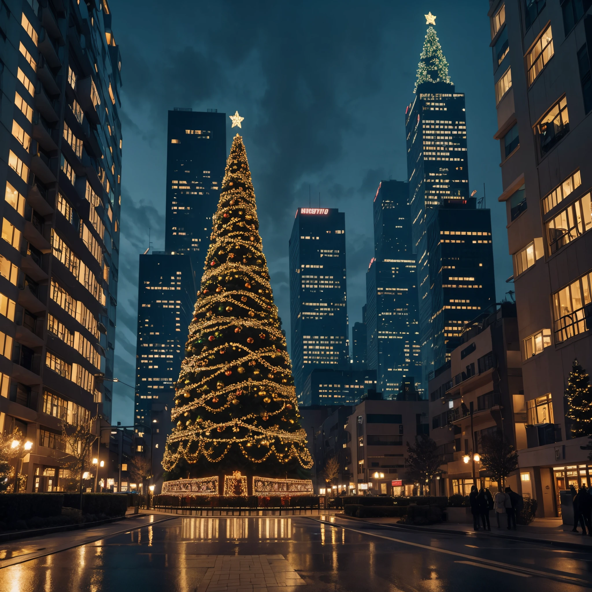 an apartment building in the style of midgar city with a cityscape in the background with giant Christmas tree and Christmas lights