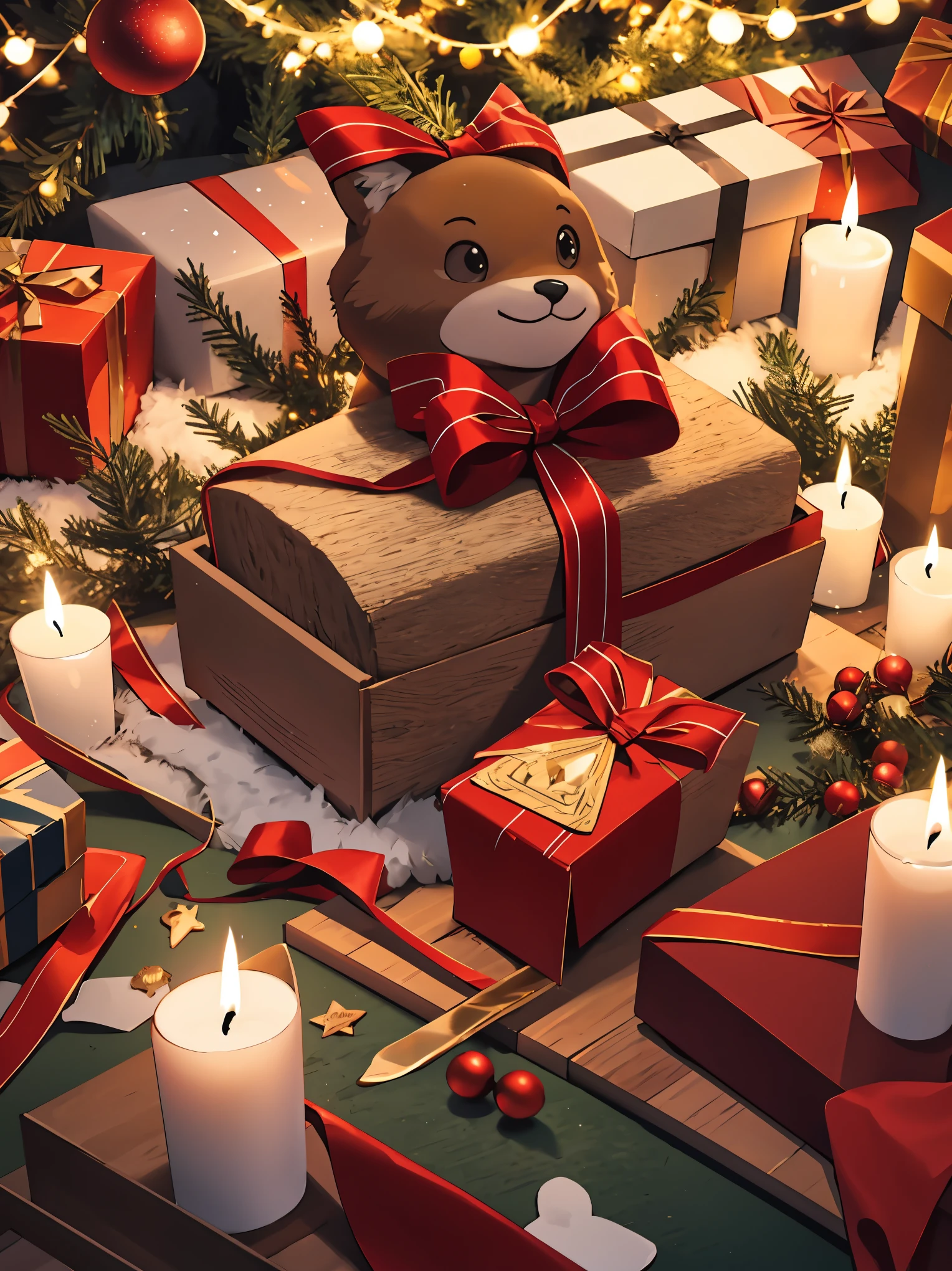 (best quality,4k,8k,highres,masterpiece:1.2),ultra-detailed,realistic,gifts,table,Christmas tree,decorations,wrapping ,bows,ribbon,presents,holiday spirit,vibrant colors,warm lighting,cozy atmosphere,toys,cards,candles,snowflakes,joyful,celebration,exquisite details,exciting surprises,shiny ornaments,sparkling tinsel,beautifully wrapped,excited children,anticipation,festive mood,magical ambiance,delightful moment,wonderful memories,family gathering,cheerful faces,Christmas magic,extravagant,abundance of presents,HDR,UHD,studio lighting,ultra-fine painting,sharp focus,physically-based rendering,professional,vivid colors,bokeh.