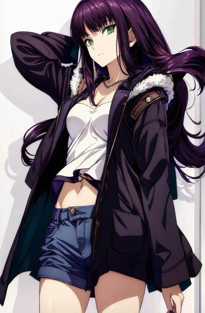 (((girl wearing a hooded jacket))), (((girl wearing a blouson))),girl wearing a hooded jacket, girl wearing a blouson,Anime Best Girl, (Anime Girl), Beautiful girl anime visual, Smooth Anime CG Art,anime portrait,beautiful anime high school girl,A seductive anime girl, anime visual of a young woman, Anime Best Girl, anime girl with long hair and green eyes,A seductive anime girl, nffsw,hiquality,Connect ticker and 8K, hight resolution,Very detailed CG, High quality shadows, Detail Beautiful delicate face, Detail Beautiful delicate eyes,BREAK(((Wallpapers with highly detailed 8K))),Makima (chain saw man),Sukasaha (Fate/grand order),Shimohira Reihua ,Hi-Res,Very delicate and beautiful CG illustration,top-quality,beautiful thigh,big breasts thin waist,masuter piece,(((masutepiece))), (((Best Quality))),8K,32K,masterpiece,beautiful alluring anime woman,ultra-definition,ultra-detailliert,hight resolution,a hyperrealistic schoolgirl,masuter piece, Best Quality, High quality, High Definition, high quality texture, high quality shadow, high detailing,finely detail,A teenage girl,1girl in,High school students,Solo,Soio,Only one person,Alone,One Person,taki,Mature atmosphere,Leg length,neat and long legs,8 Head Body,stature:171cm,Mature girls,Reddish-purple hair,Reddish-purple hair,Purple hair,cassis colored hair,silky and smooth hair,Colorful hair,Straight hair,Smile,Cool Beauty,Beautuful Women,Neat face, Beautiful realism,Seductive look,Bewitching look,serene expressions,beautiful hairl,She wears a necklace around her neck,Necklace,bead necklace,magatama accessories,A slight smil,Colorful eyes,green colored eyes,Jade-colored eyes,beautidful eyes,Bright eye,Delicat eyes,Eyes Like Gems,Jade Eyes,Hanging eyes,(Green eyes:1.5),Seductive face,Watching the viewer,Model photo,simple background,Black hair, longeyelashes, lightsmile, Reddish-purple hair, cassis colored hair, Hairpin, lightsmile, Seductive smile, Jade-colored eyes, PUPILS SPARKLING, Hanging eyes, multicolored eyes, Anime style, Hyper-Realism, Realism, Anime, 8K, Super Detail, ccurate, Best Quality, Anatomically correct, ccurate, nffsw, hight resolution, Best Quality,JINS,jaket,denim pant,Shorts,white shirt,Plain clothe,Watching the viewer,Looking at the camera,simple background,