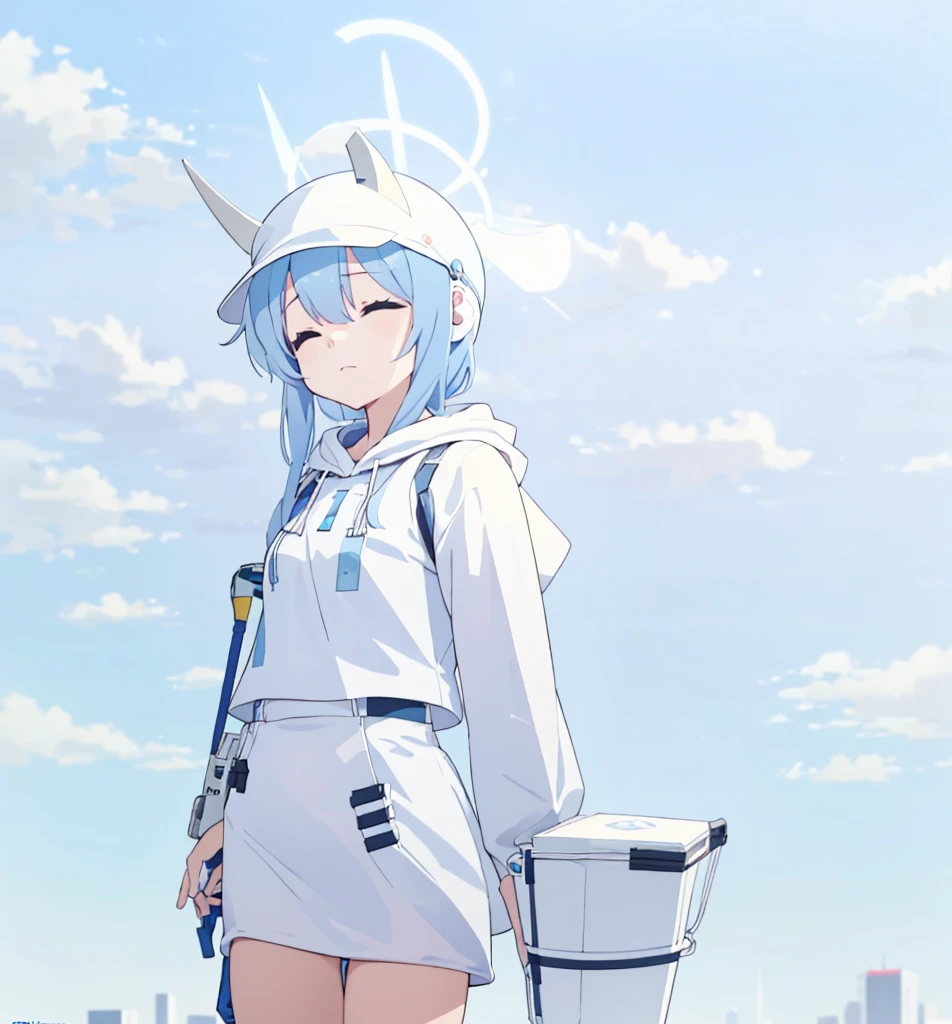 1girl, anime, high resolution, hood, cute, kawaii, blue, anime magazine, light blue hair, closed eyes, sky blue, pastel blue long hair, city, city background, sunny day, tactical vest, ballistic vest, railed headset, tall, white vest, white armor, white pouches, white tactical belt, white bucket hat, white hat, hoodie, neutral mouth, blue halo, pastel blue hoodie, bucket hat, safari hat, tiny orange horns, white goggles